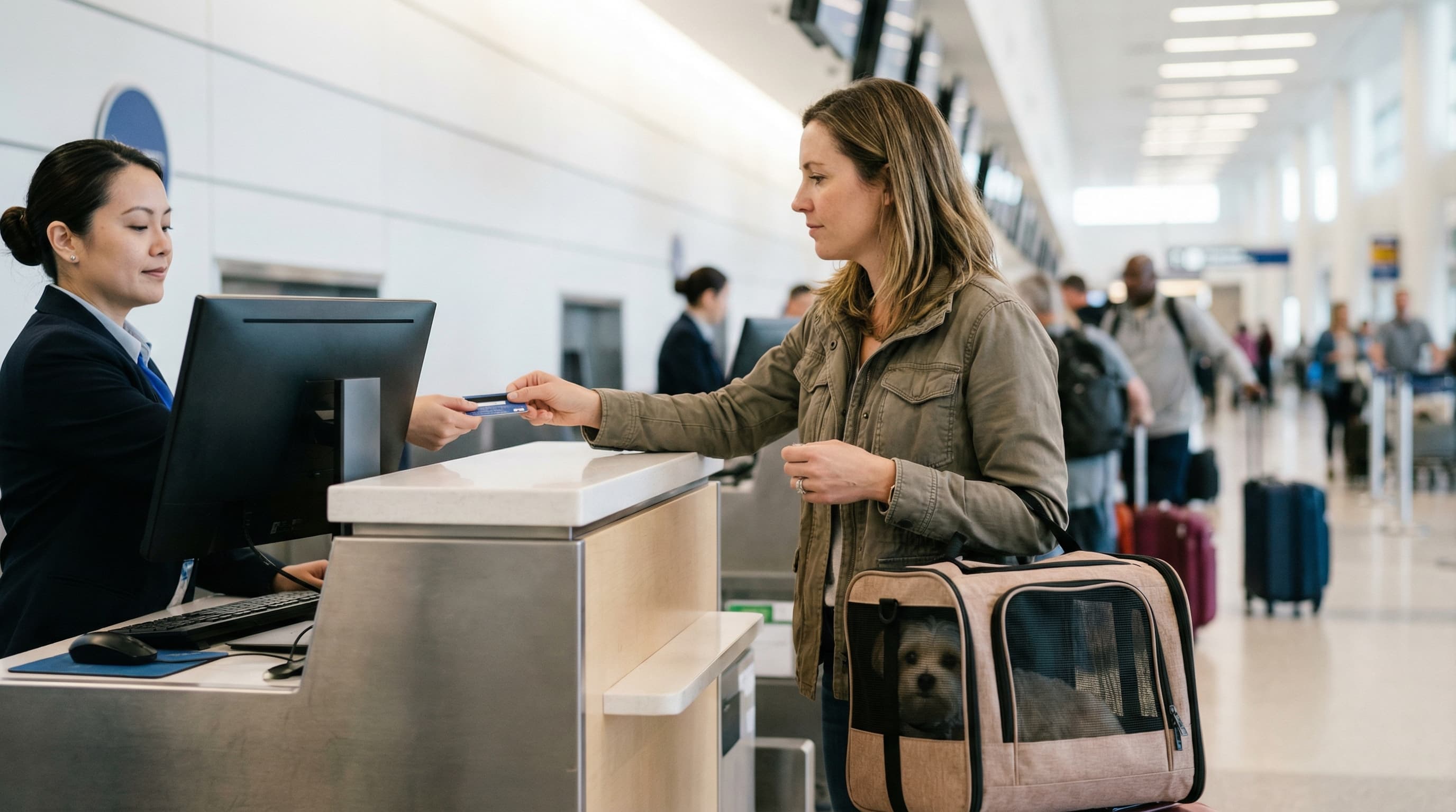 Traveler at Southwest Airlines ticket counter with soft-sided pet carrier on the counter, paying the pet fare