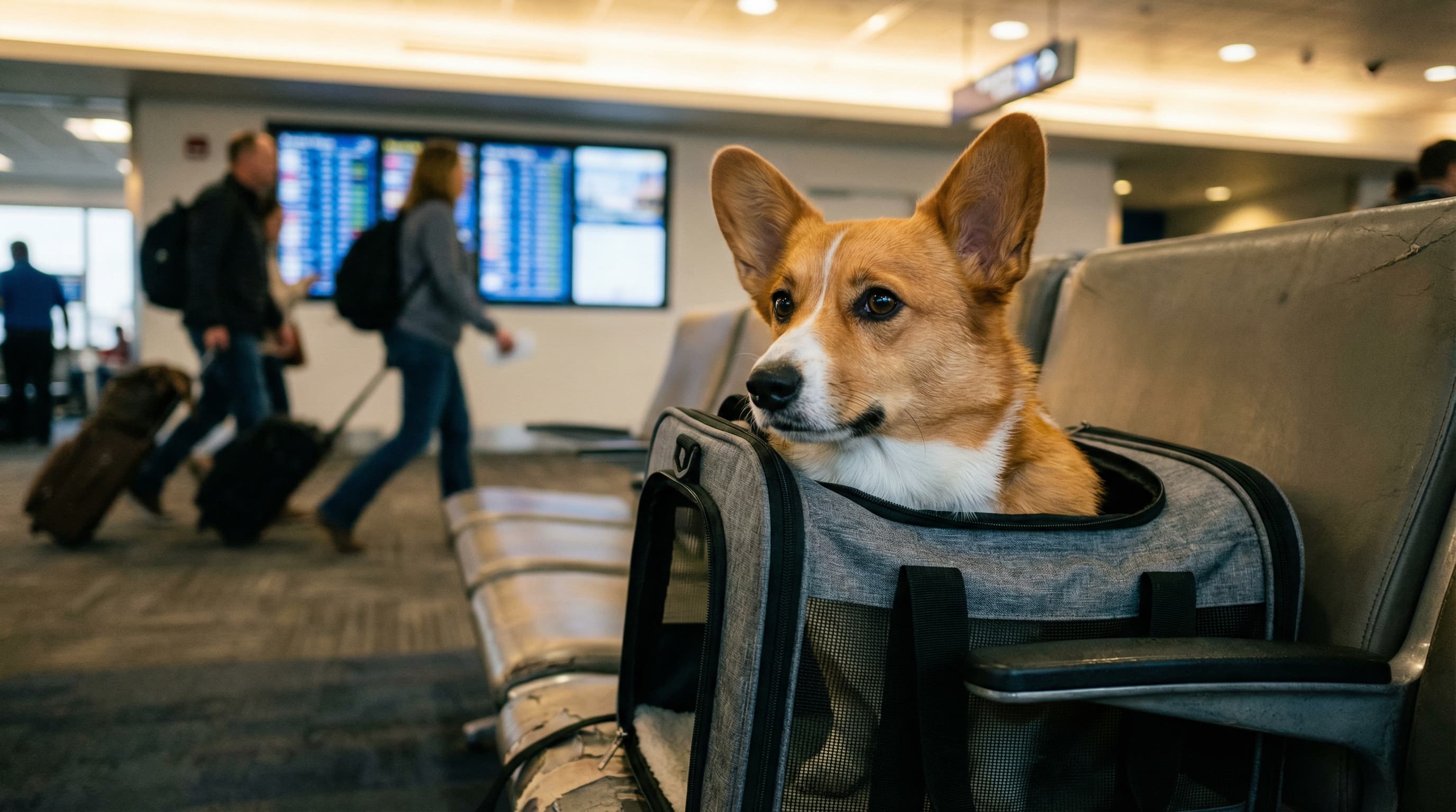 Corgi in a soft-sided pet carrier at an airport gate area, Southwest flight information board in the background
