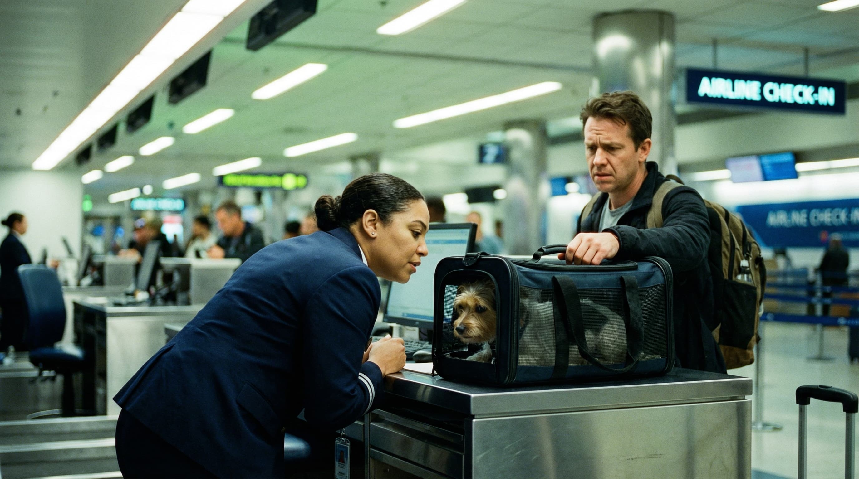 Airline check-in agent peering through carrier mesh to check if the dog has room to stand up, traveler watching with tense expression