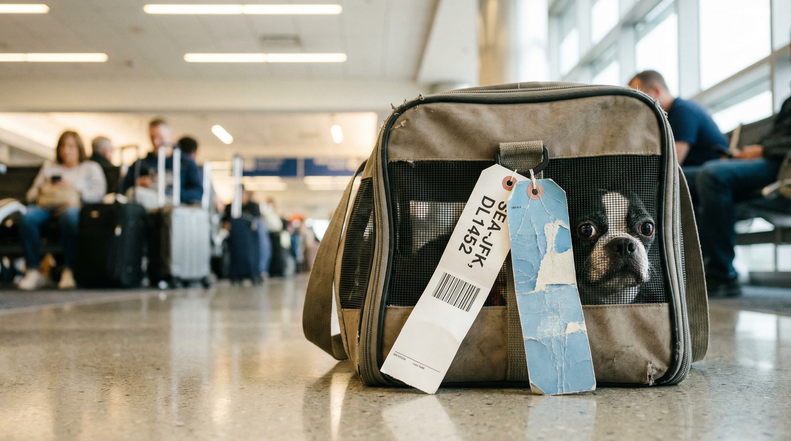 Soft-sided pet carrier on airport terminal floor with airline tags on the handle, Boston Terrier peeking out through the mesh