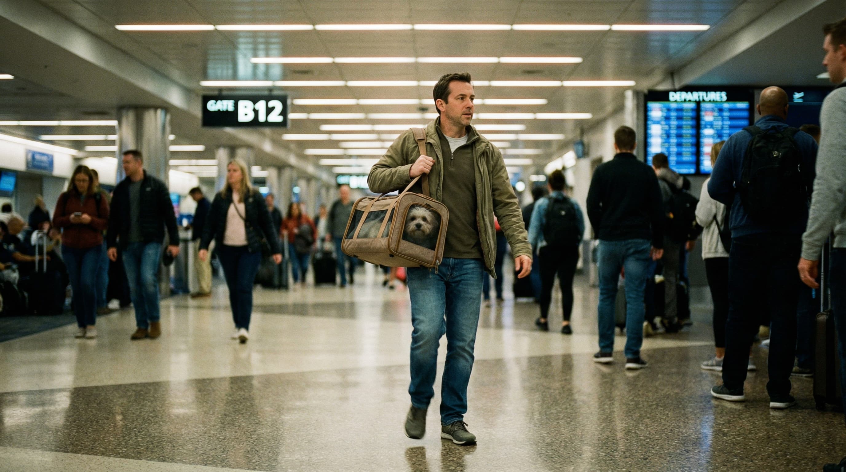 Traveler walking through airport terminal carrying a soft-sided pet carrier with a small dog visible through the mesh, Southwest gate signage visible