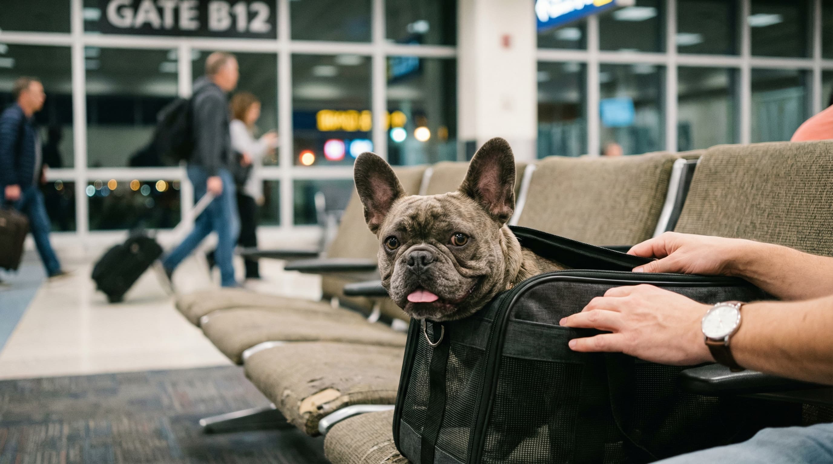 French Bulldog peering curiously out of an unzipped soft-sided pet carrier at an airport departure gate