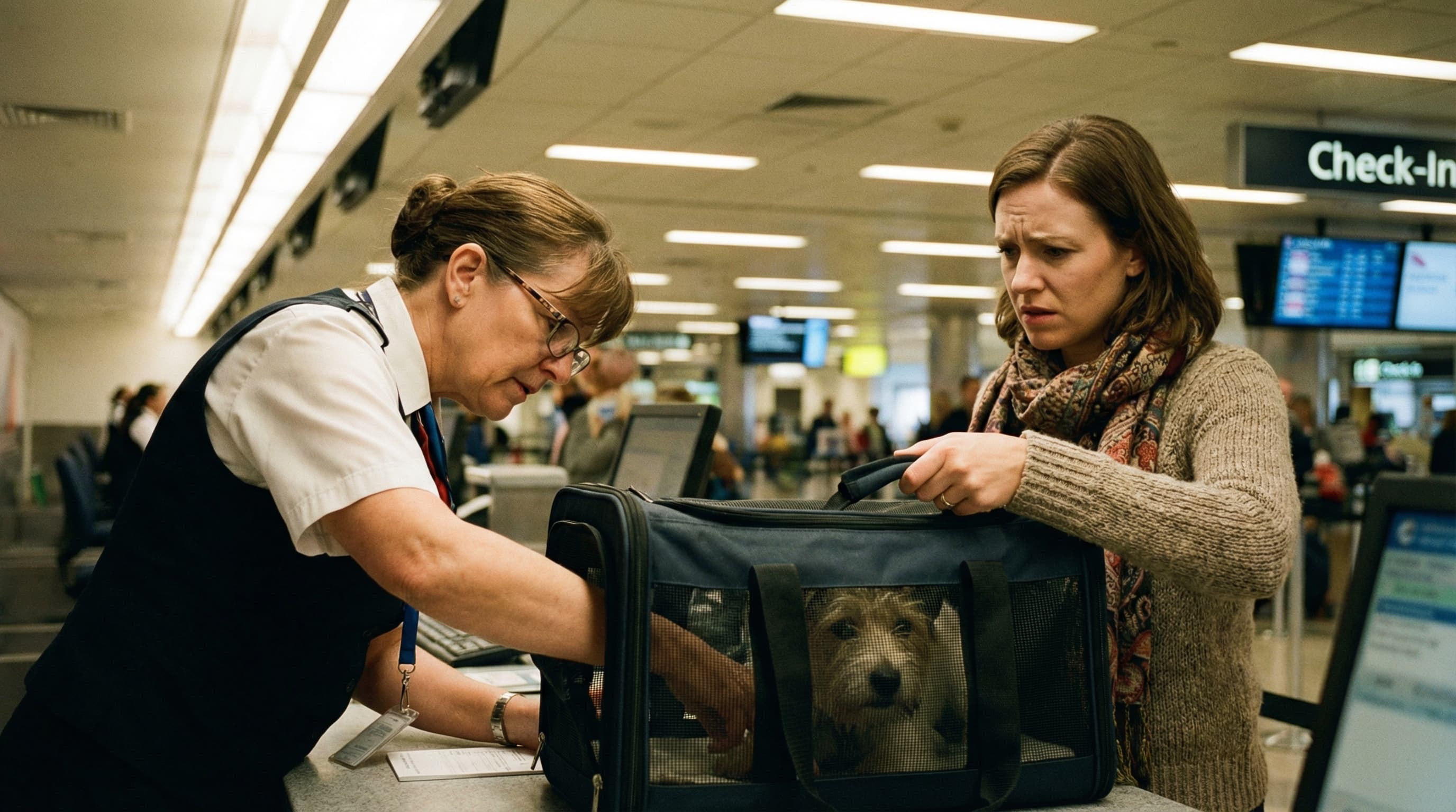 Airline check-in agent inspecting a soft-sided pet carrier at the counter while a woman traveler watches with a tense expression