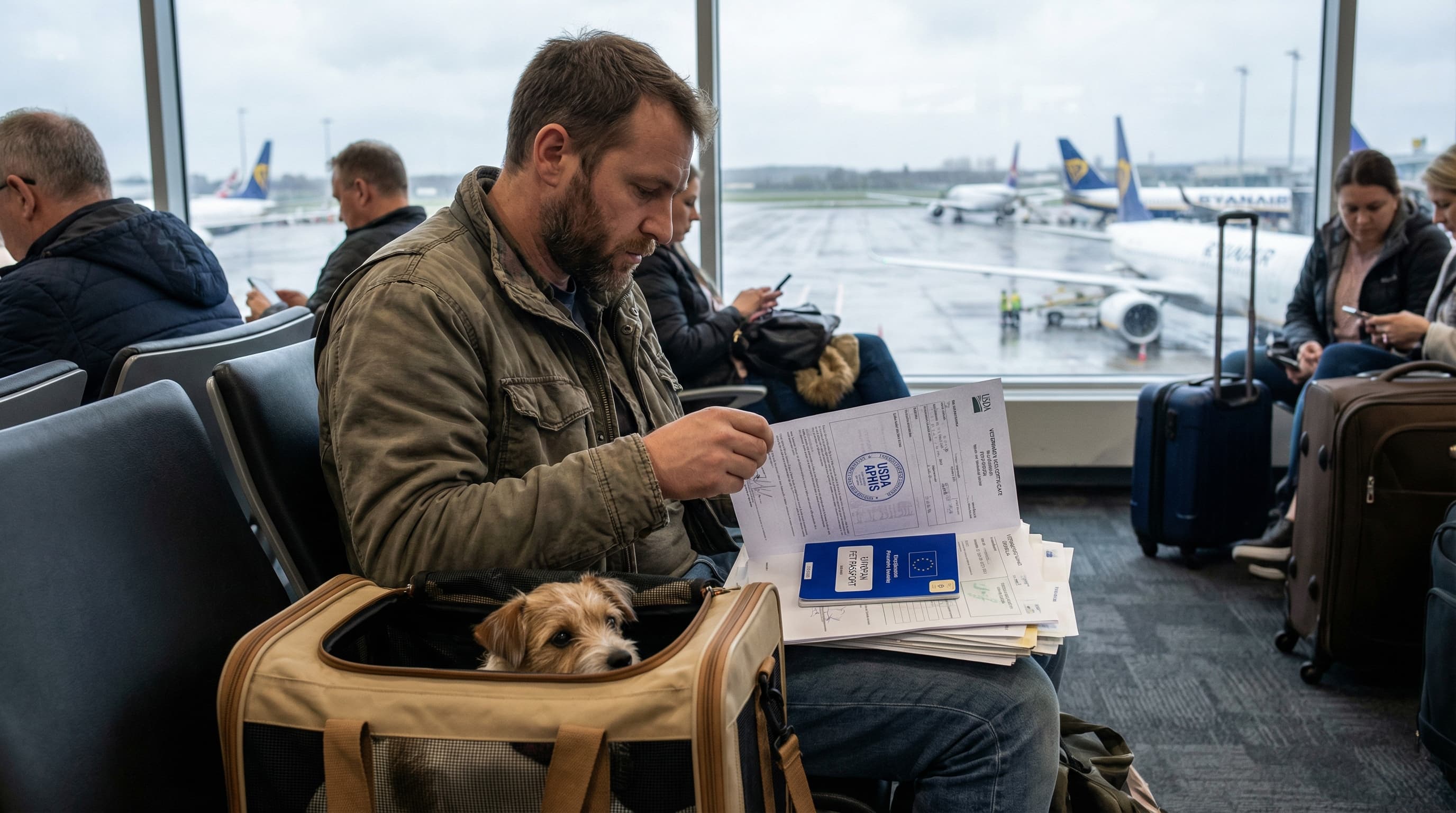 Traveler reviewing pet health certificate and USDA endorsement at airport gate, soft-sided carrier with dog on the floor beside him