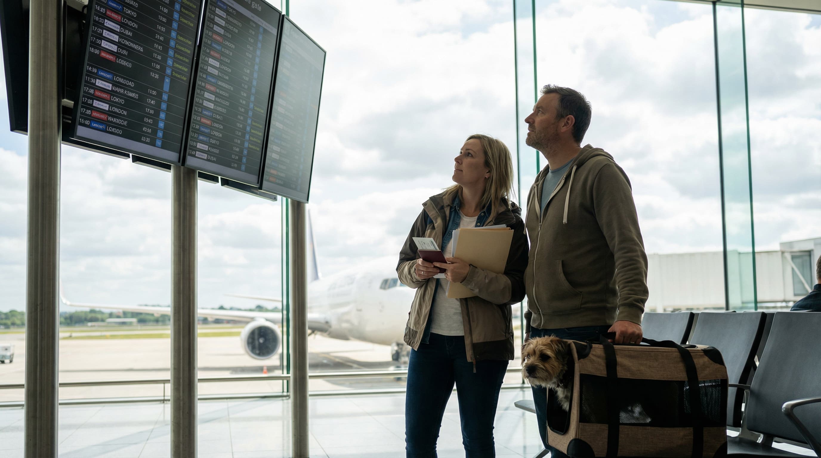Couple at international departure gate reviewing flight information, pet carrier with dog beside them on the seat