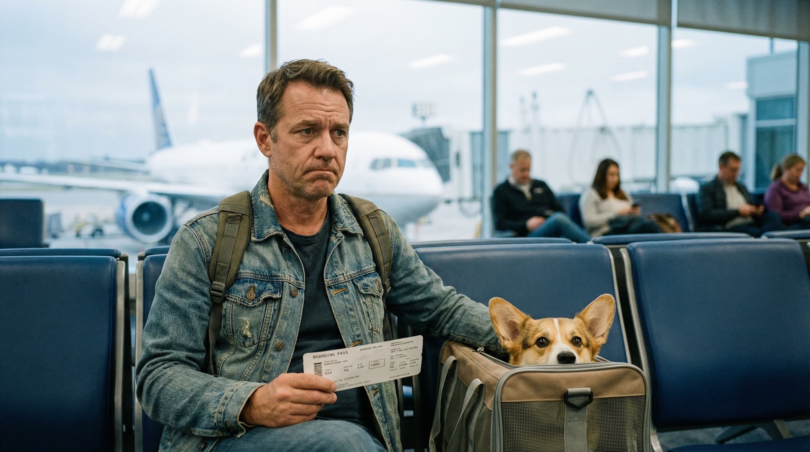 Man at airport gate reviewing boarding pass beside an open soft-sided carrier with a corgi looking out, preparing for check-in