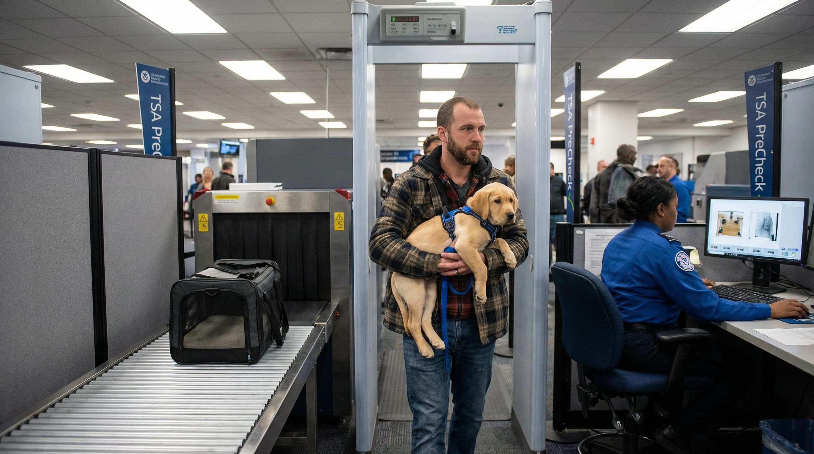 Traveler carrying puppy through TSA metal detector while the empty pet carrier moves through the X-ray belt beside him