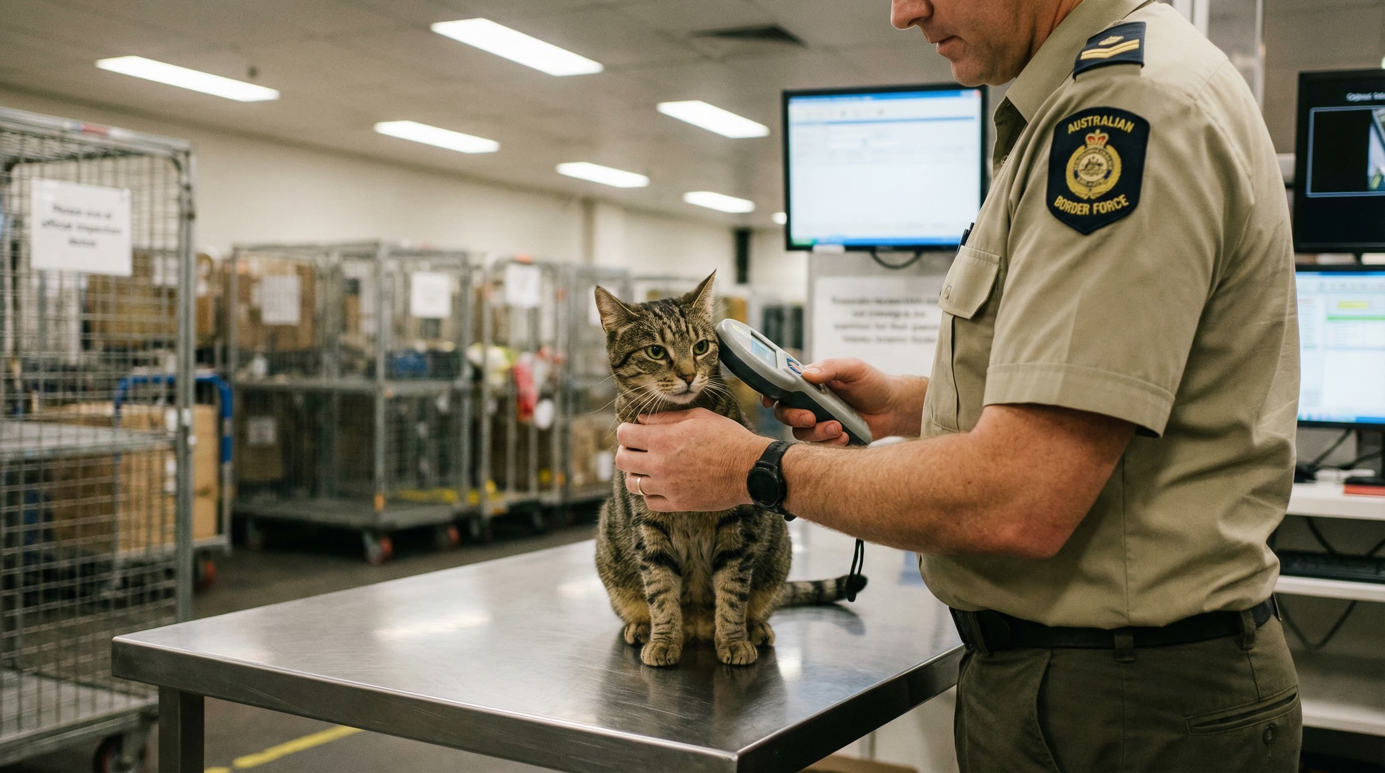 DAFF biosecurity officer scanning microchip of tabby cat at Melbourne airport cargo processing area