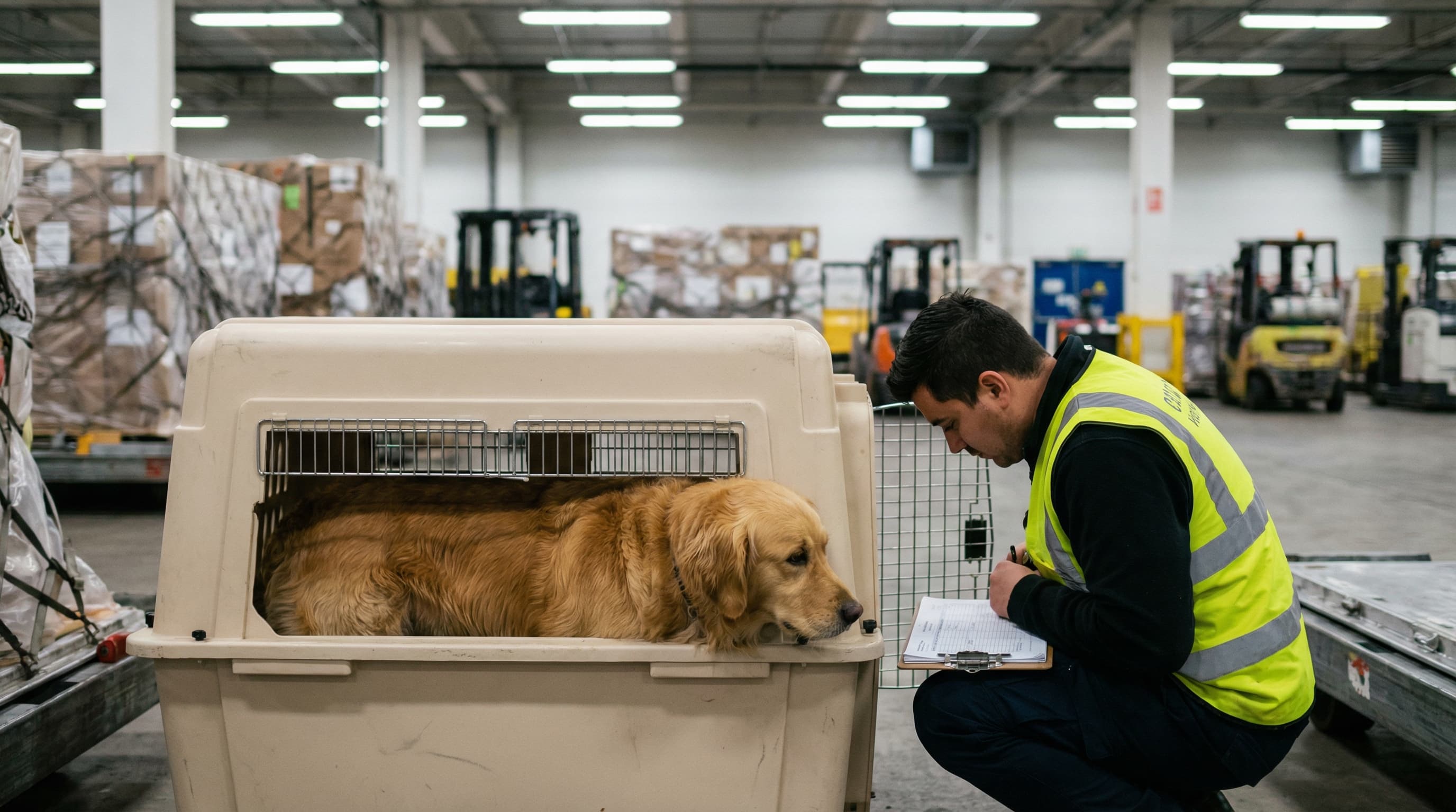 Golden retriever in IATA hard-sided cargo kennel at airport freight terminal with handler checking documentation