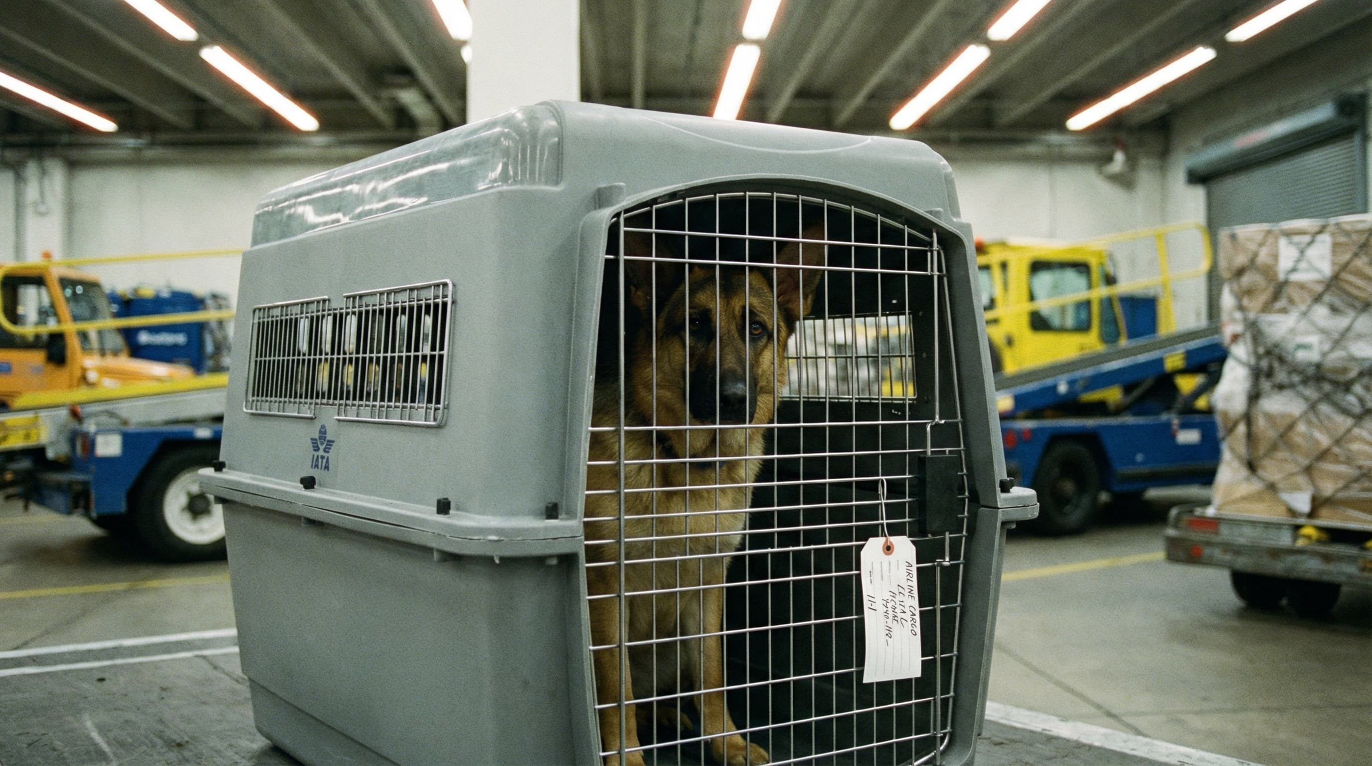 German shepherd in IATA-approved hard-sided kennel at airport cargo terminal