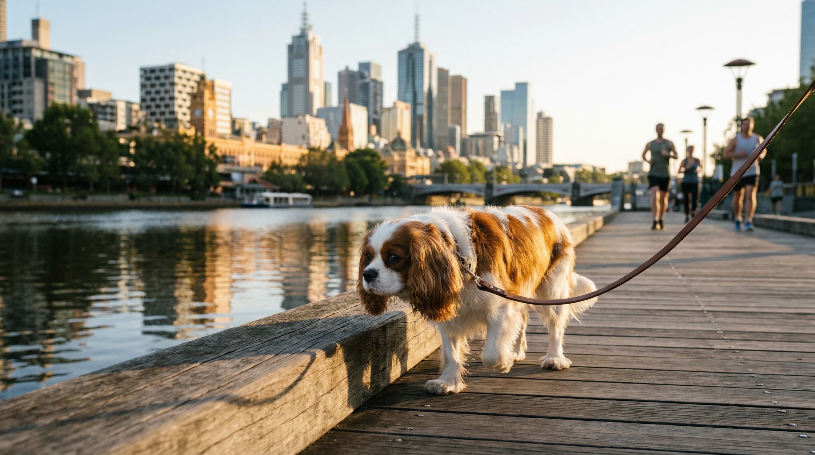 Cavalier King Charles Spaniel walking along the Yarra River boardwalk in Melbourne with city skyline in background