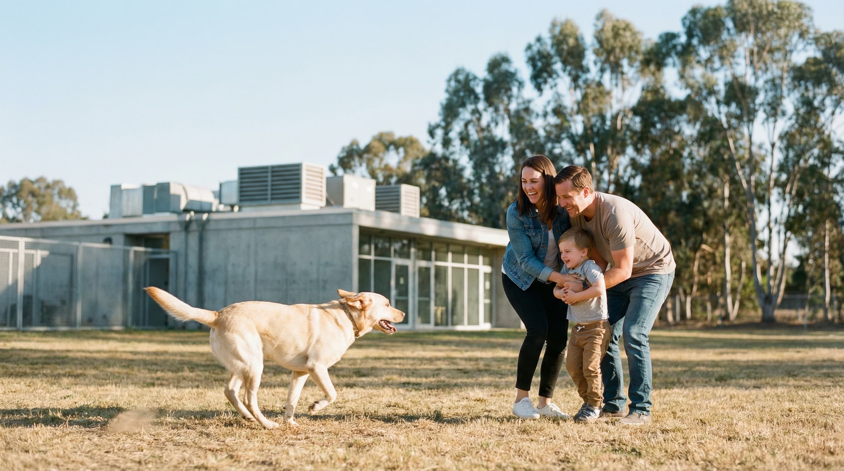 American family reuniting with their beagle outside Mickleham quarantine facility on release day