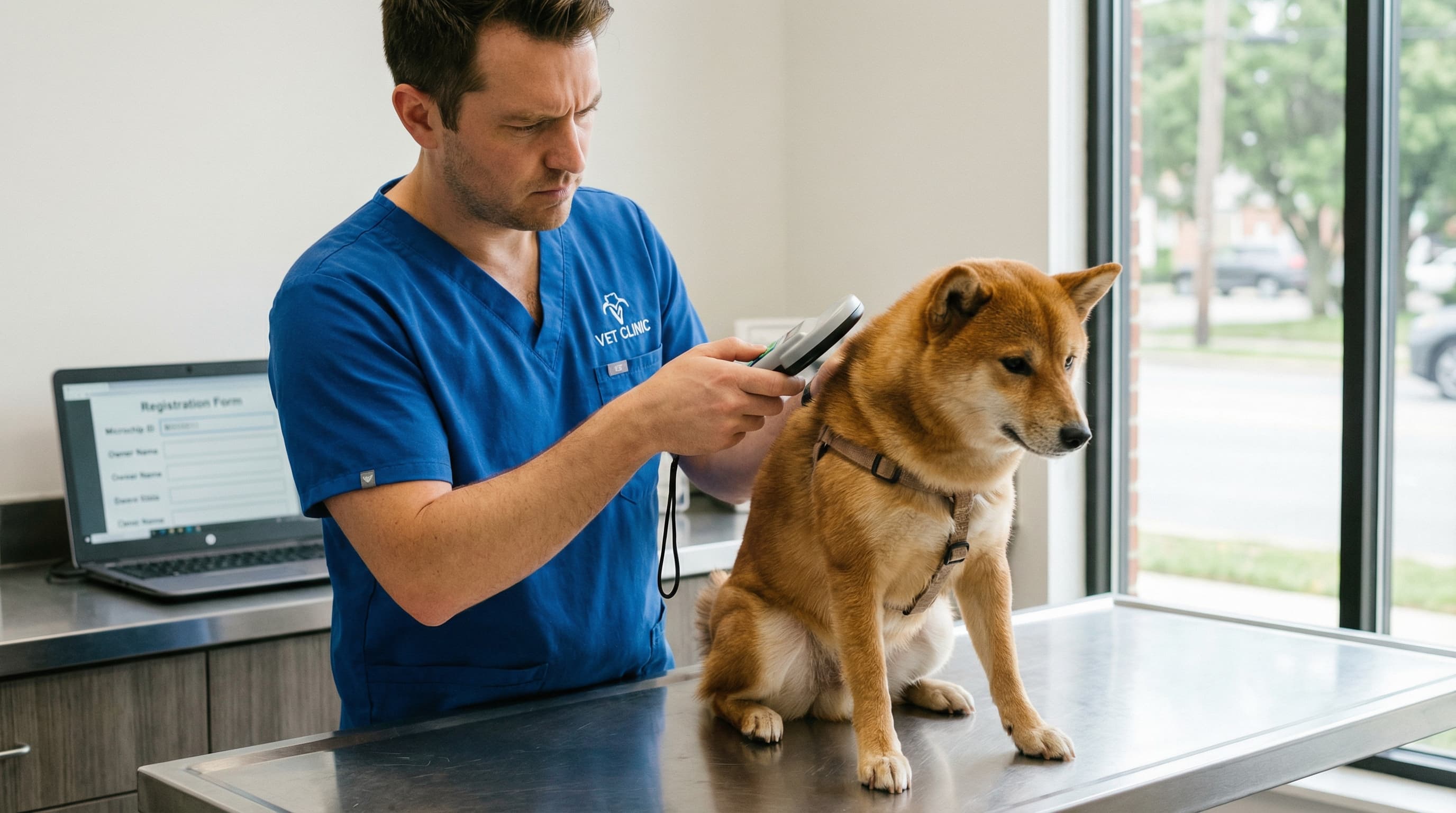 Veterinarian scanning a Shiba Inu's microchip at a modern veterinary clinic with registration form on laptop