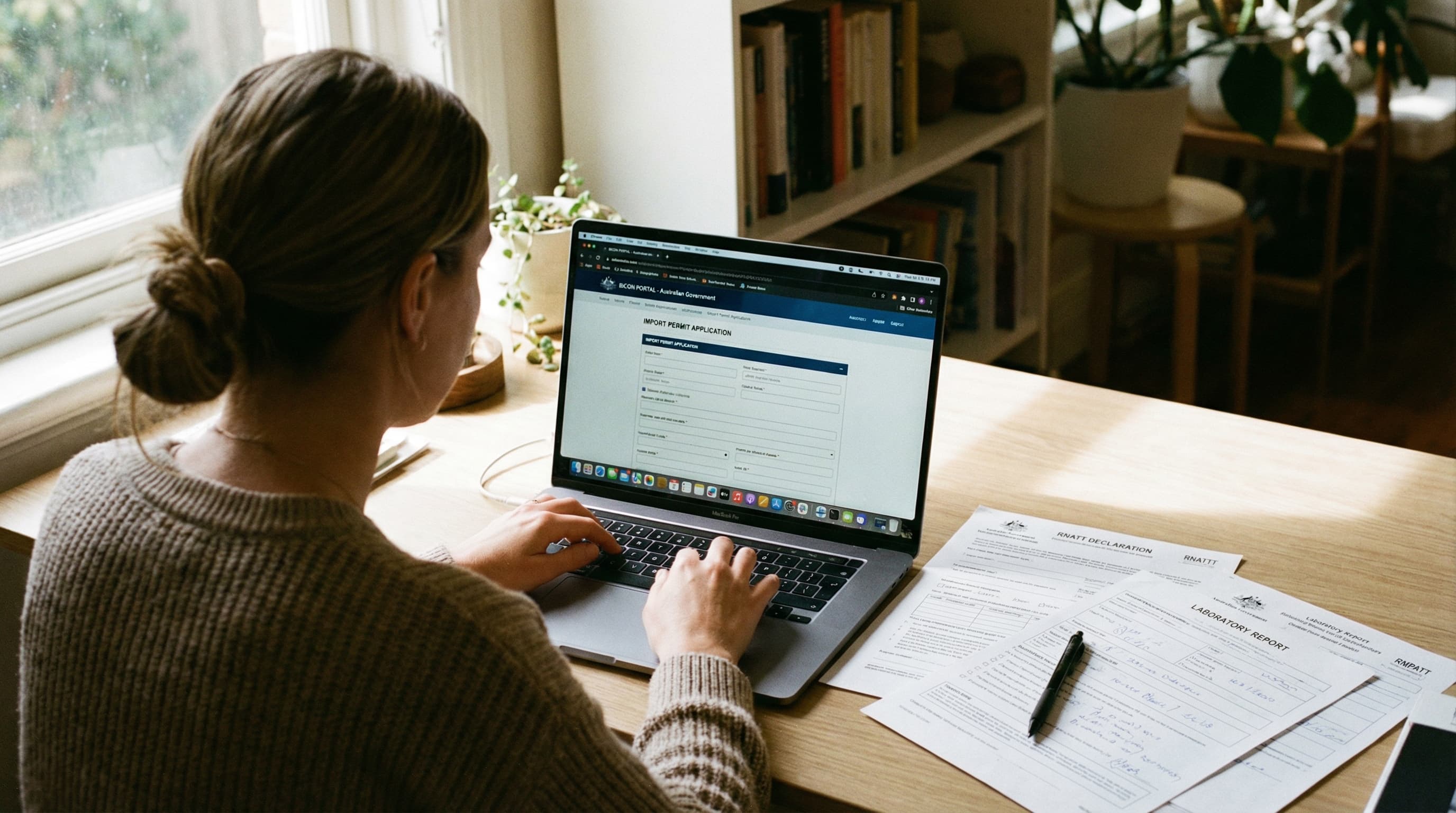 Person filing BICON import permit application on laptop with printed RNATT declaration and lab report on desk