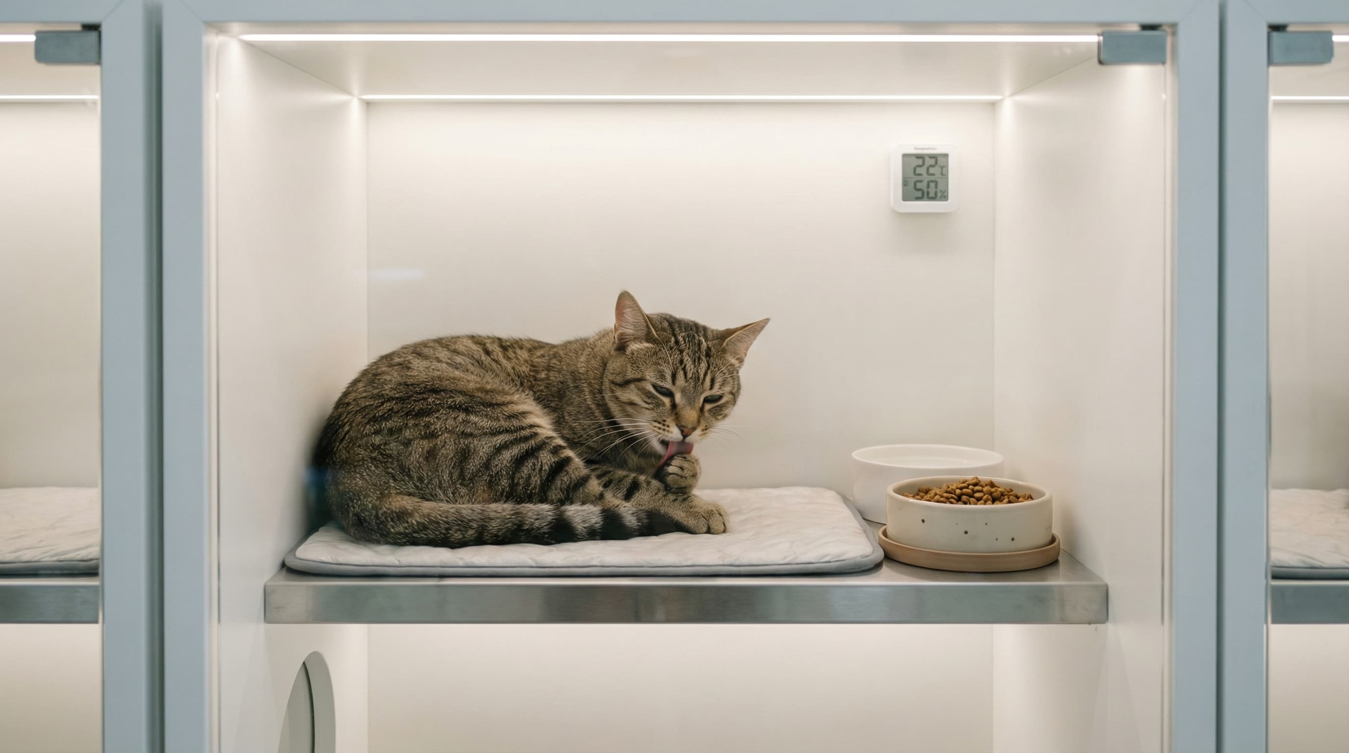 Tabby cat resting in modern climate-controlled quarantine enclosure at Mickleham facility