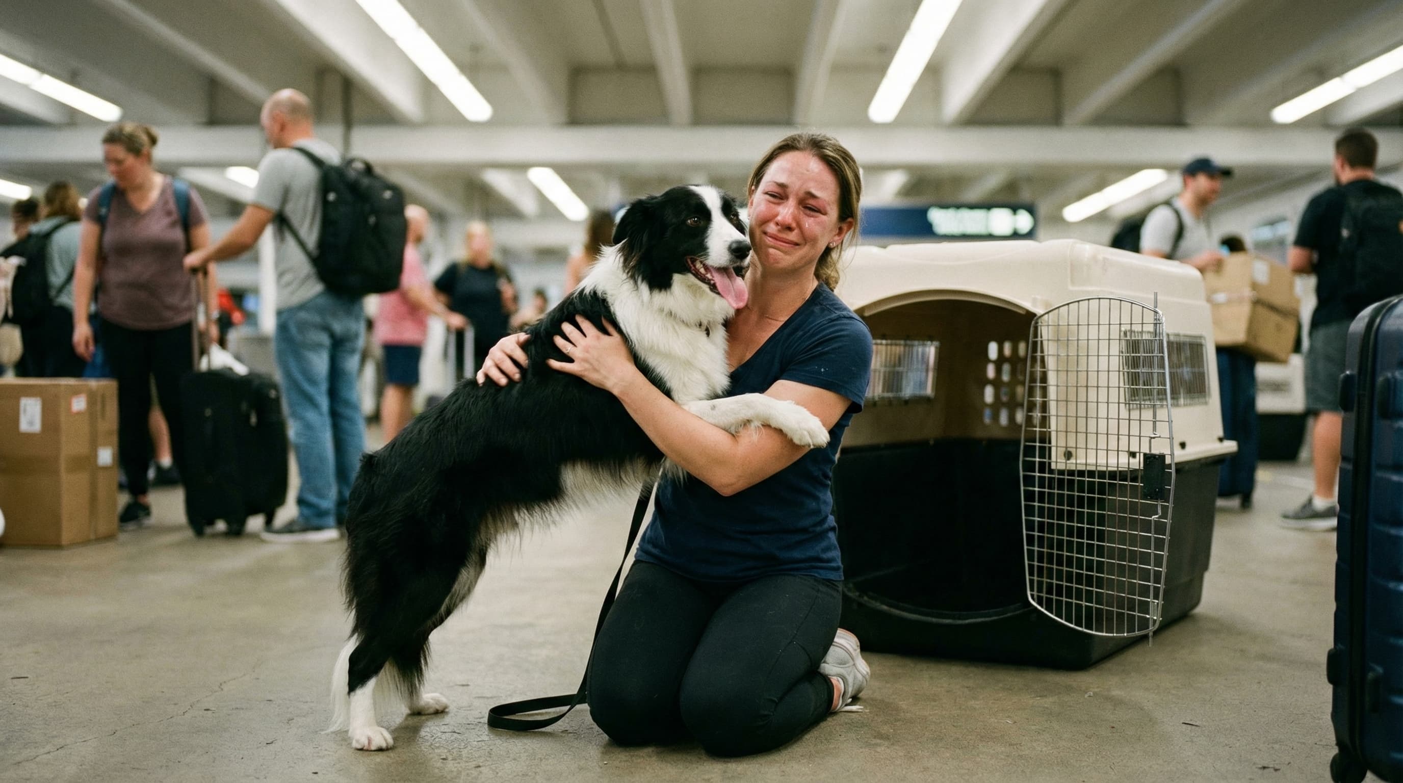 Woman kneeling and hugging a Border Collie at a cargo pickup area with transport crate behind them