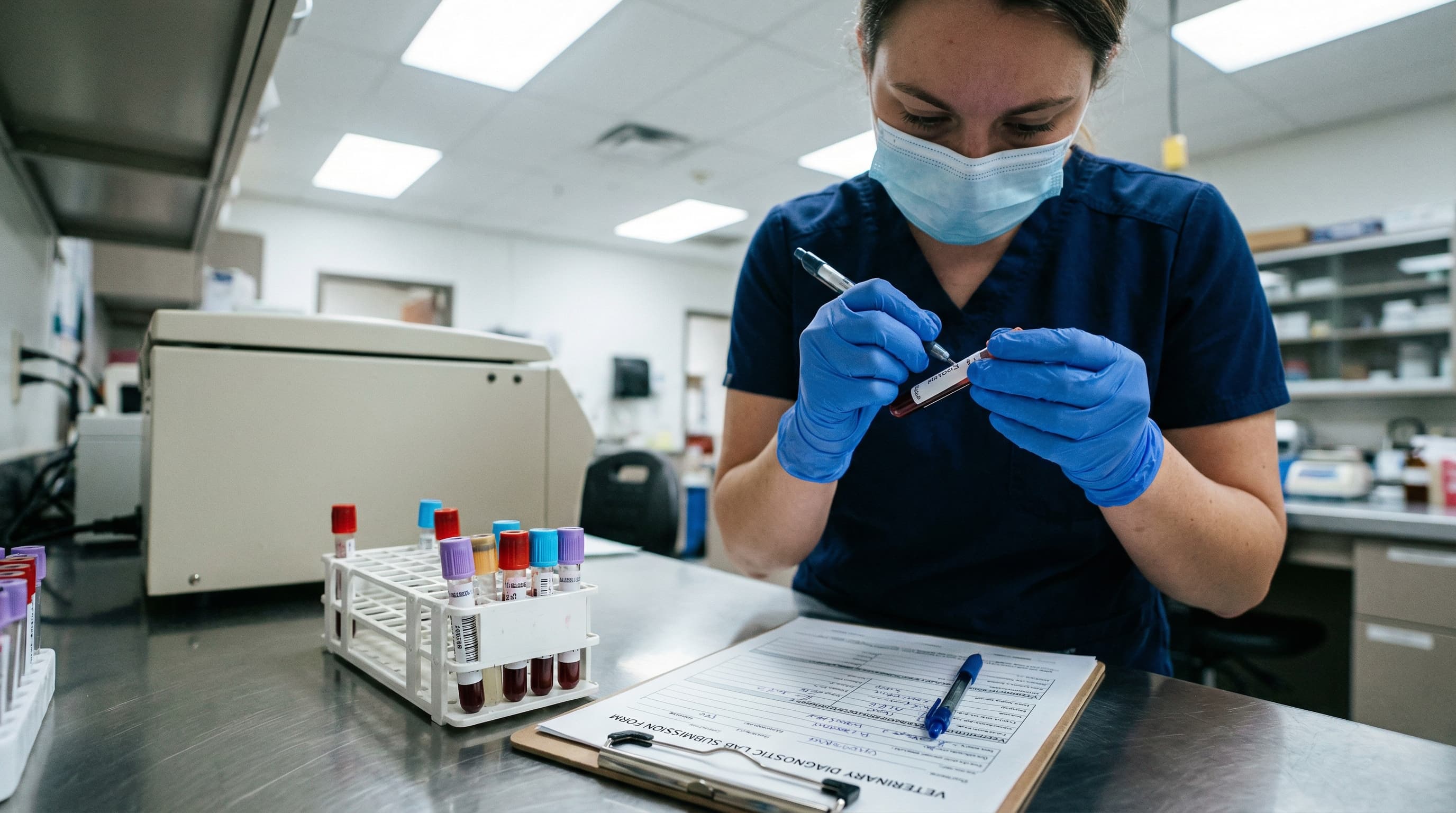 Lab technician labeling blood sample vials at a veterinary diagnostic laboratory bench