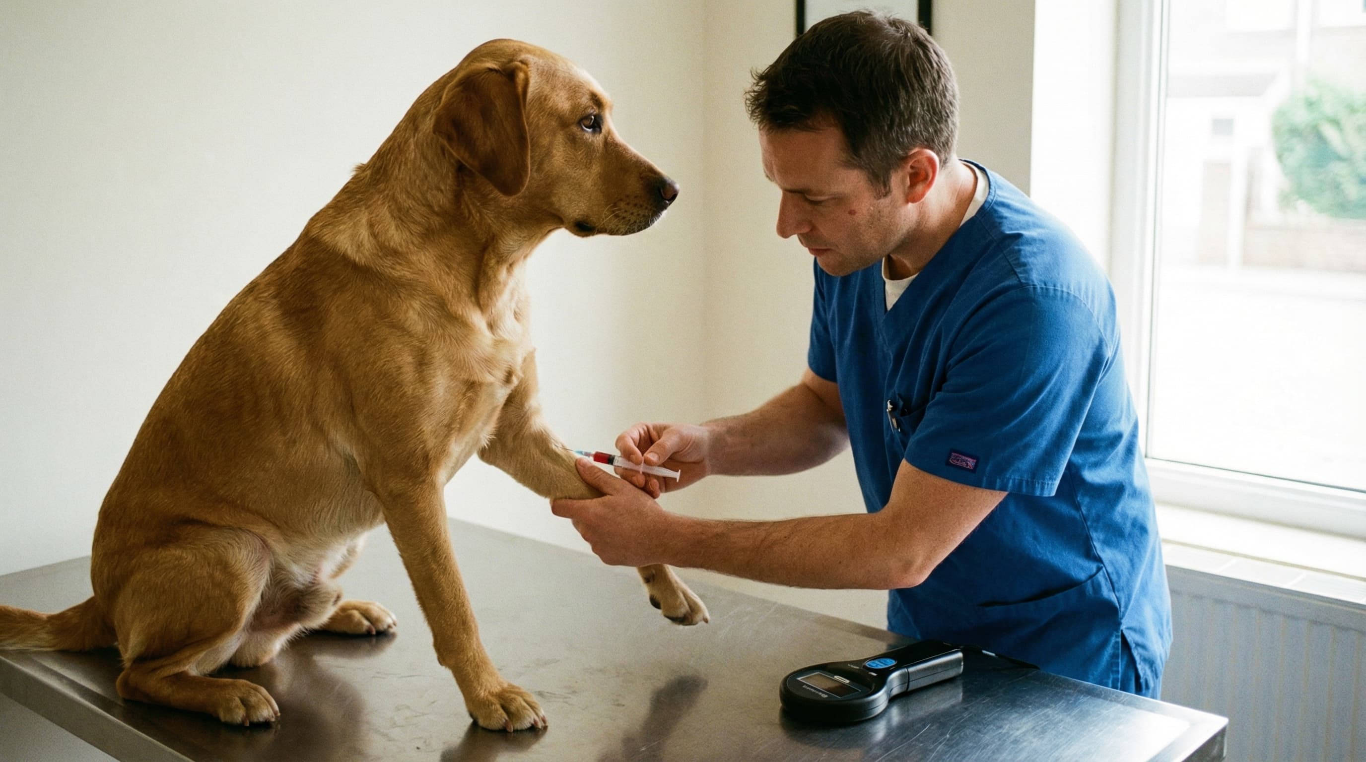 Veterinarian drawing blood from a Labrador retriever for an RNATT titer test with microchip scanner on exam table