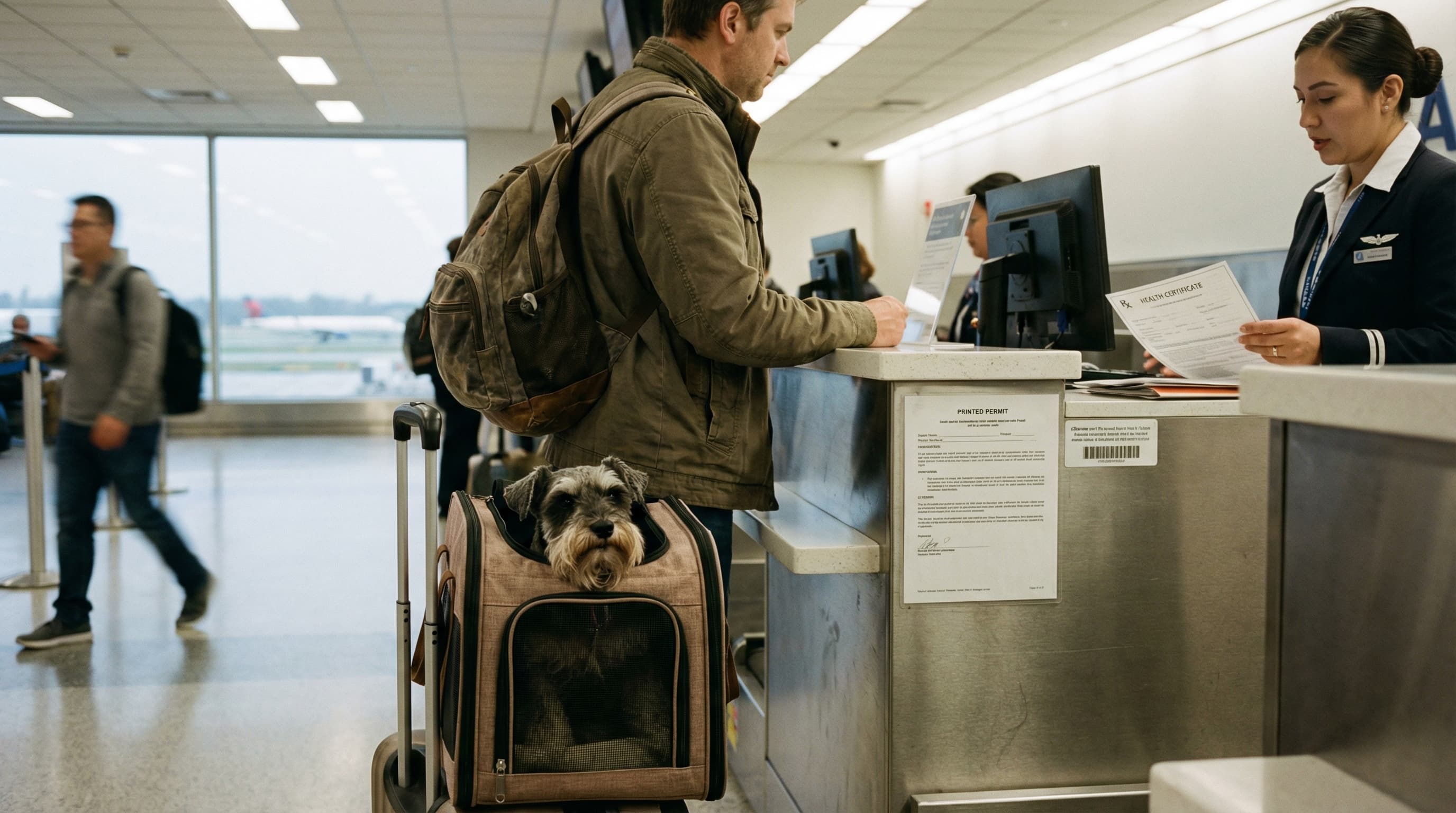 Traveler at airline check-in counter presenting documents with schnauzer in soft-sided carrier