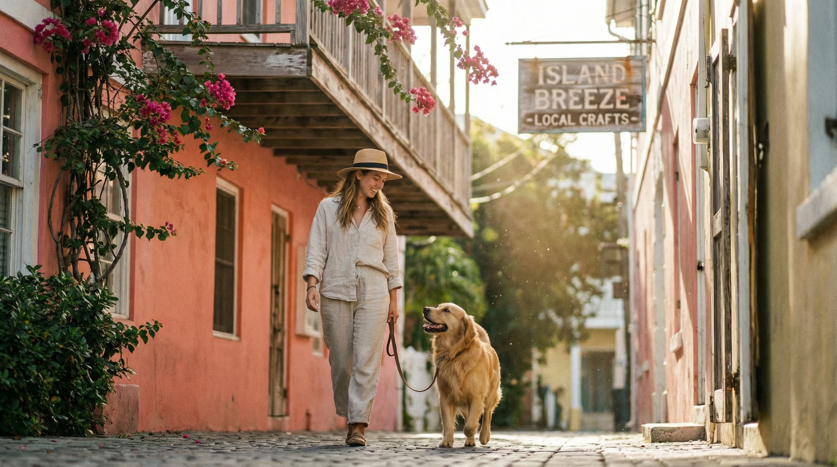 Woman walking golden retriever along a colorful Nassau street with tropical storefronts
