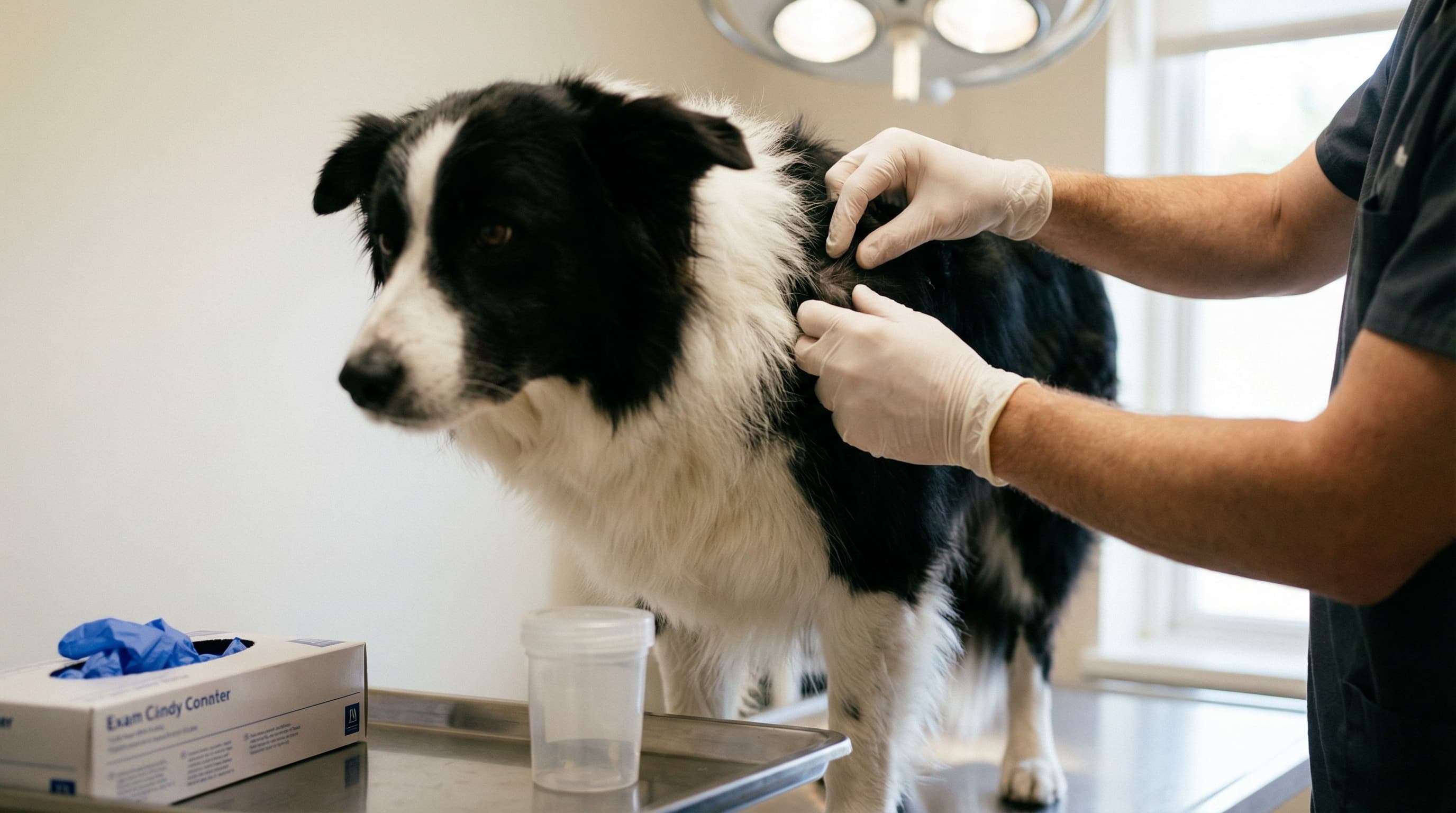 Veterinarian examining border collie's fur and skin for external parasites