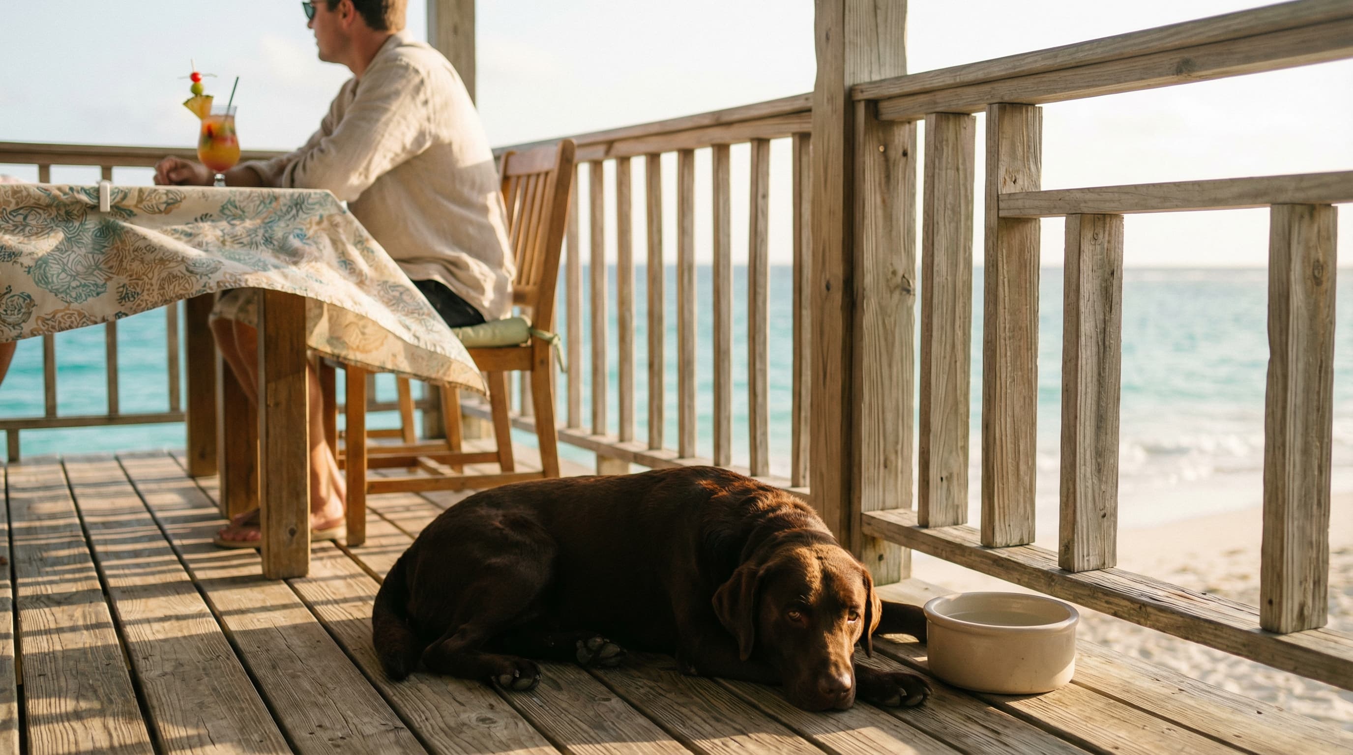 Chocolate Labrador relaxing under a table at a beachside restaurant with turquoise water in the background