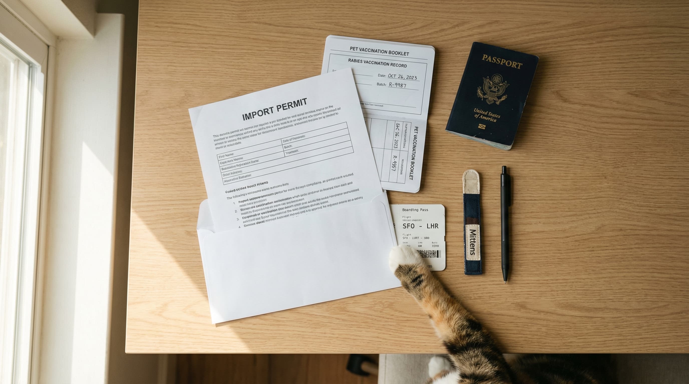 Overhead flat lay of pet travel documents, vaccination records, and import permit with cat paw reaching into frame