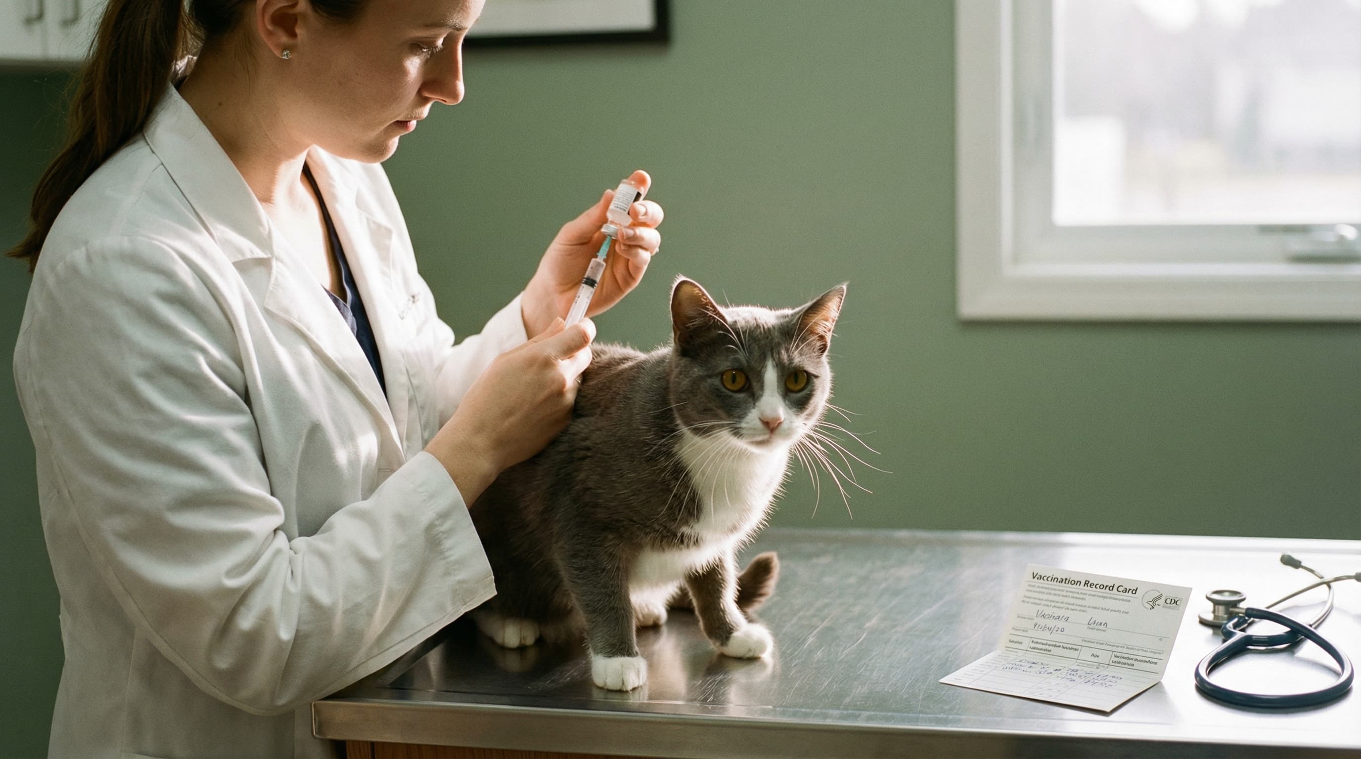 Veterinarian administering vaccine to grey domestic shorthair cat on examination table