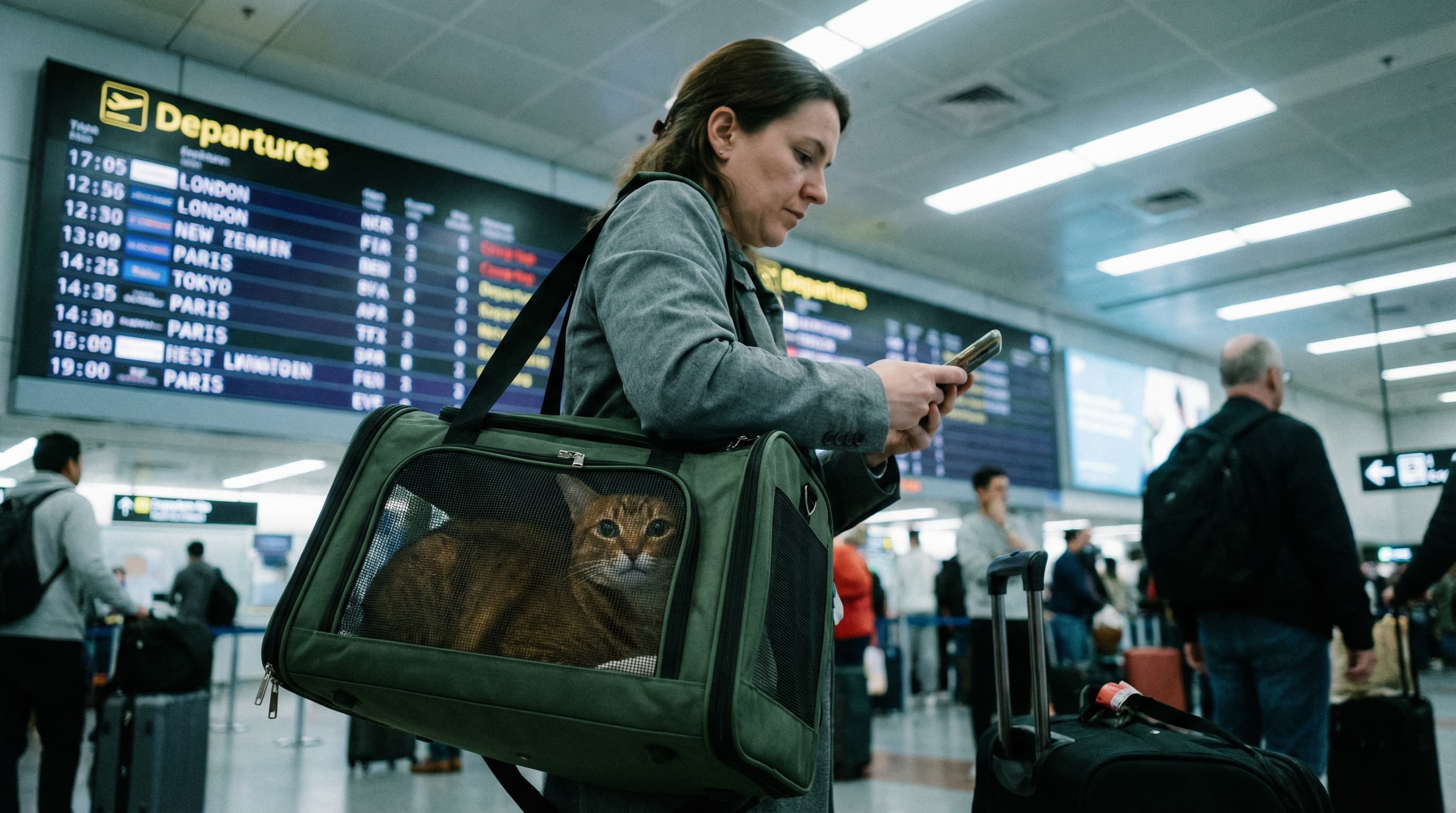 Traveler at international airport holding soft-sided pet carrier with cat visible through mesh, departures board overhead