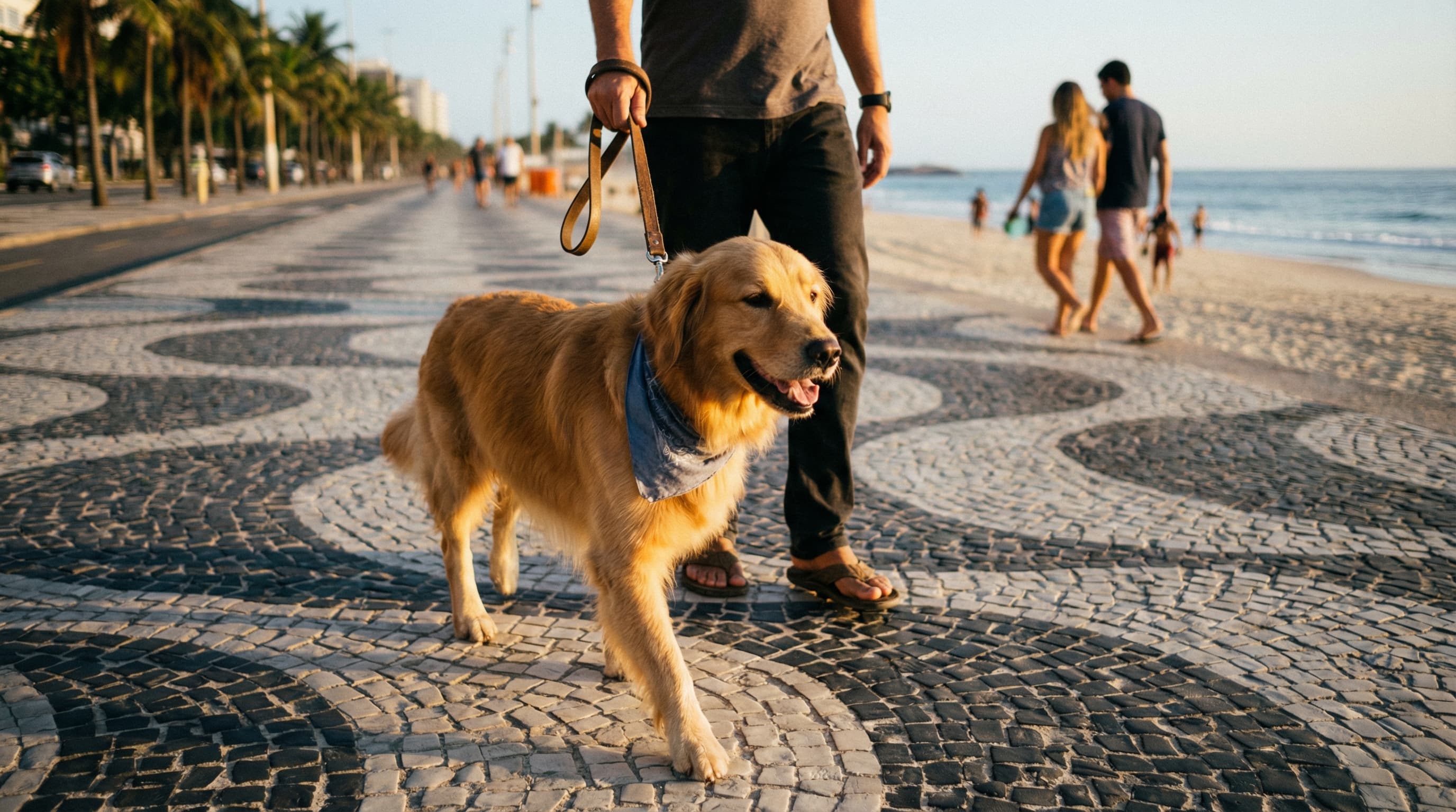 Golden retriever wearing bandana walking on leash along Copacabana Beach boardwalk with owner, late afternoon light
