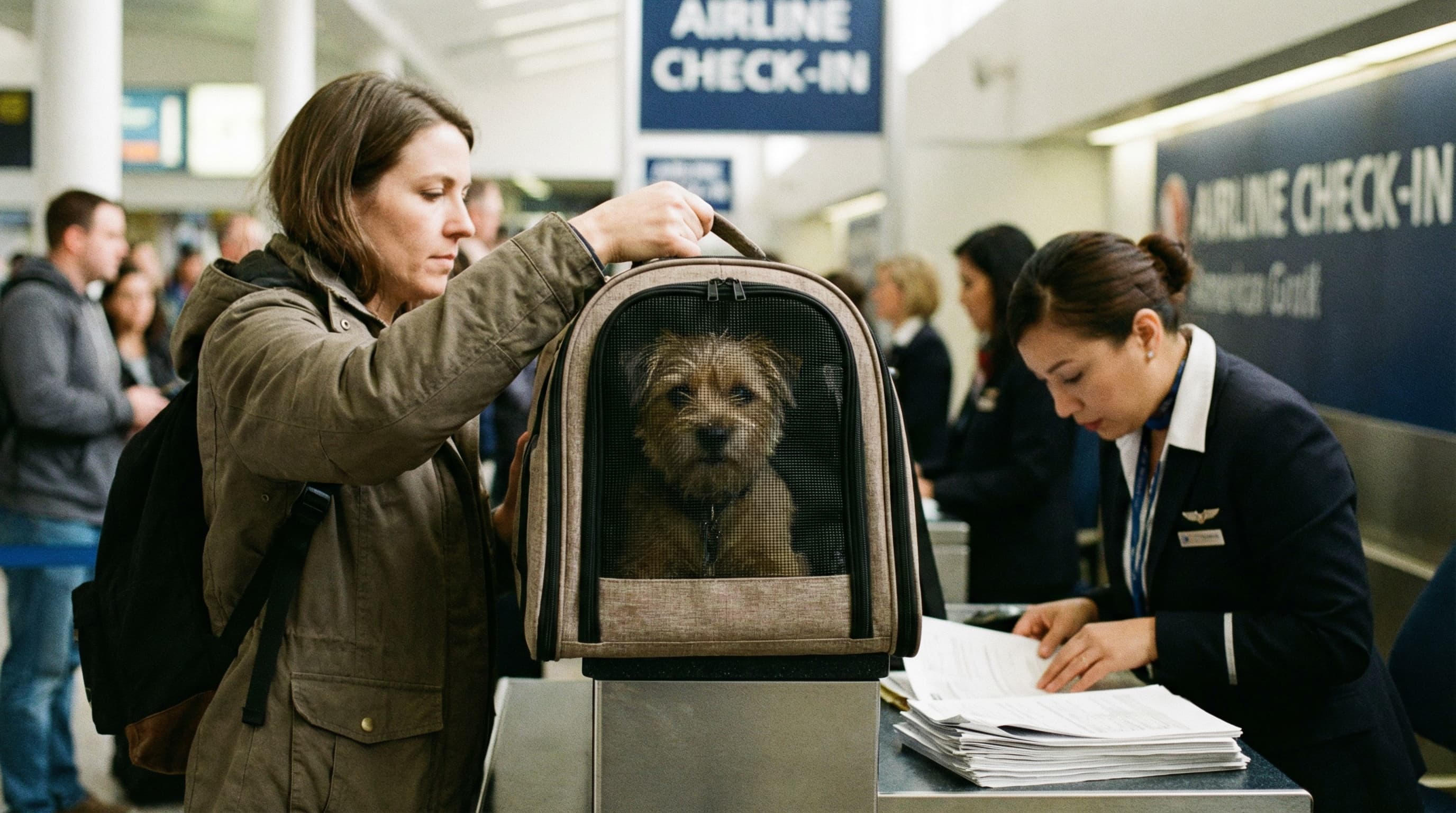 Woman lifting soft-sided pet carrier onto airline check-in counter, terrier looking through mesh window