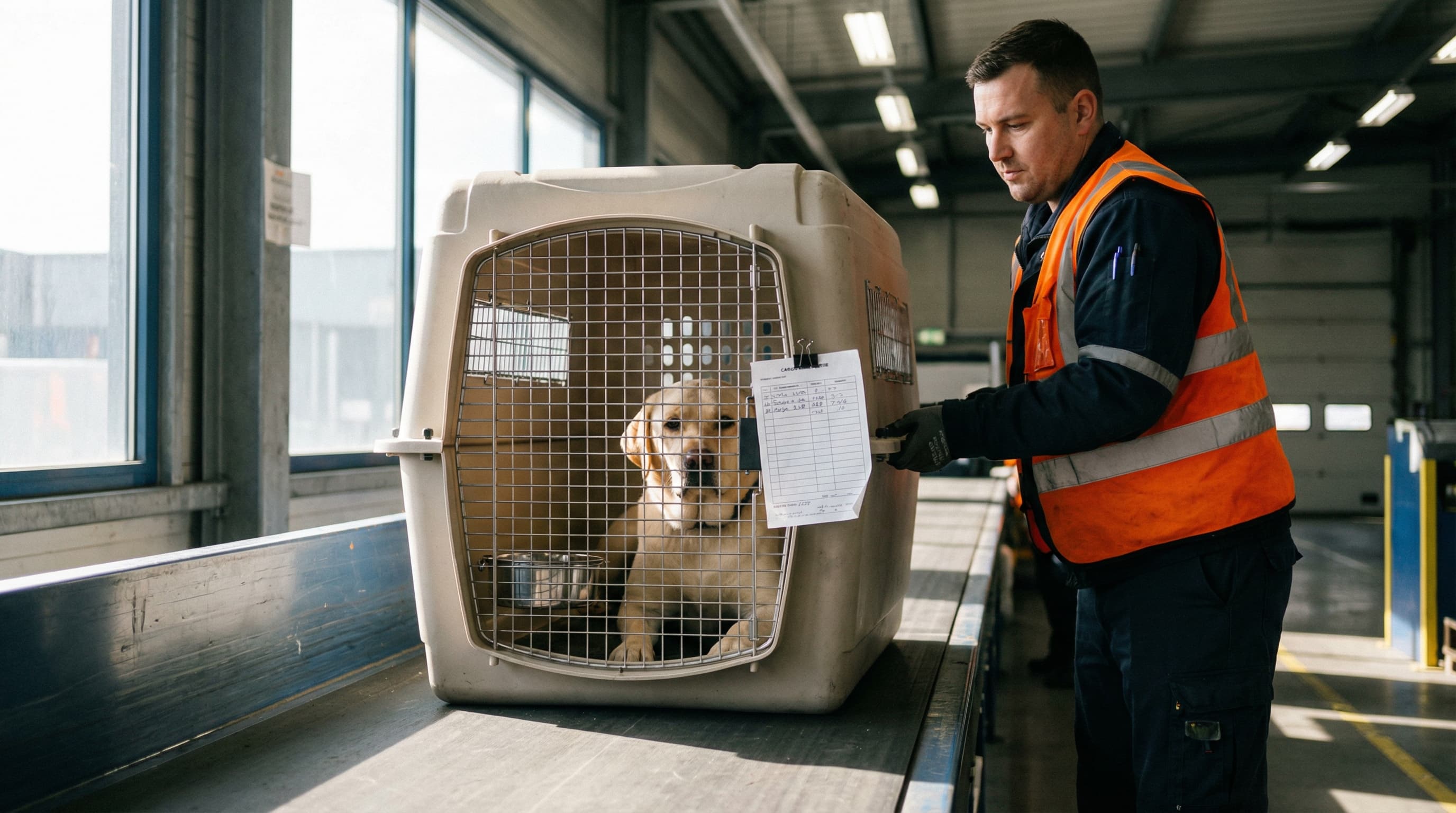 Large dog in hard-sided IATA-compliant kennel being loaded onto cargo belt at international airport, handler in high-vis vest checking paperwork
