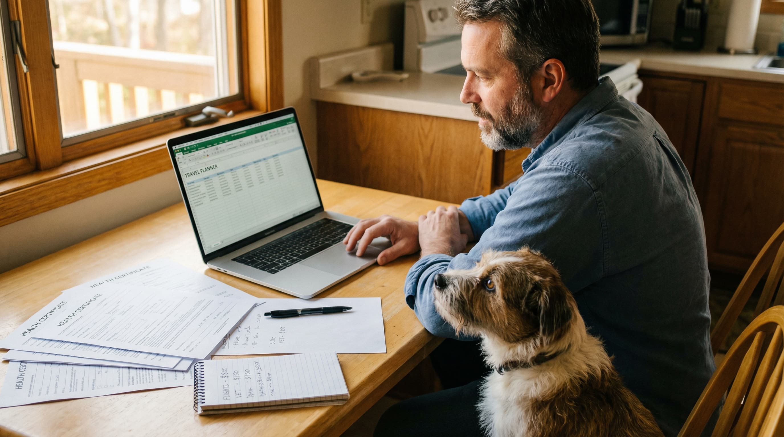 Man reviewing Brazil pet travel costs on laptop with health certificates on kitchen table, mixed-breed terrier beside him