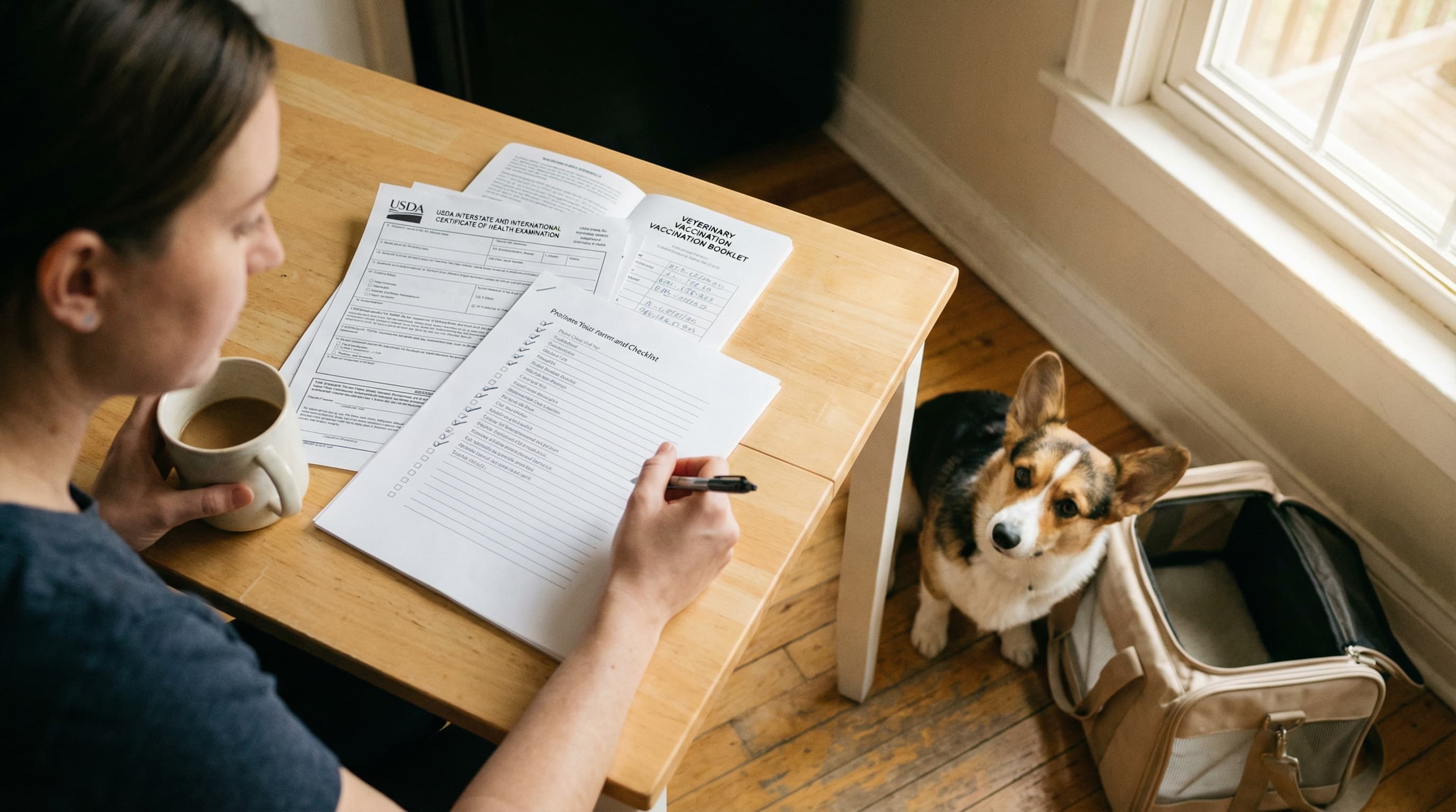 Owner reviewing pet travel checklist and health certificate forms at kitchen table with corgi sitting in open carrier nearby