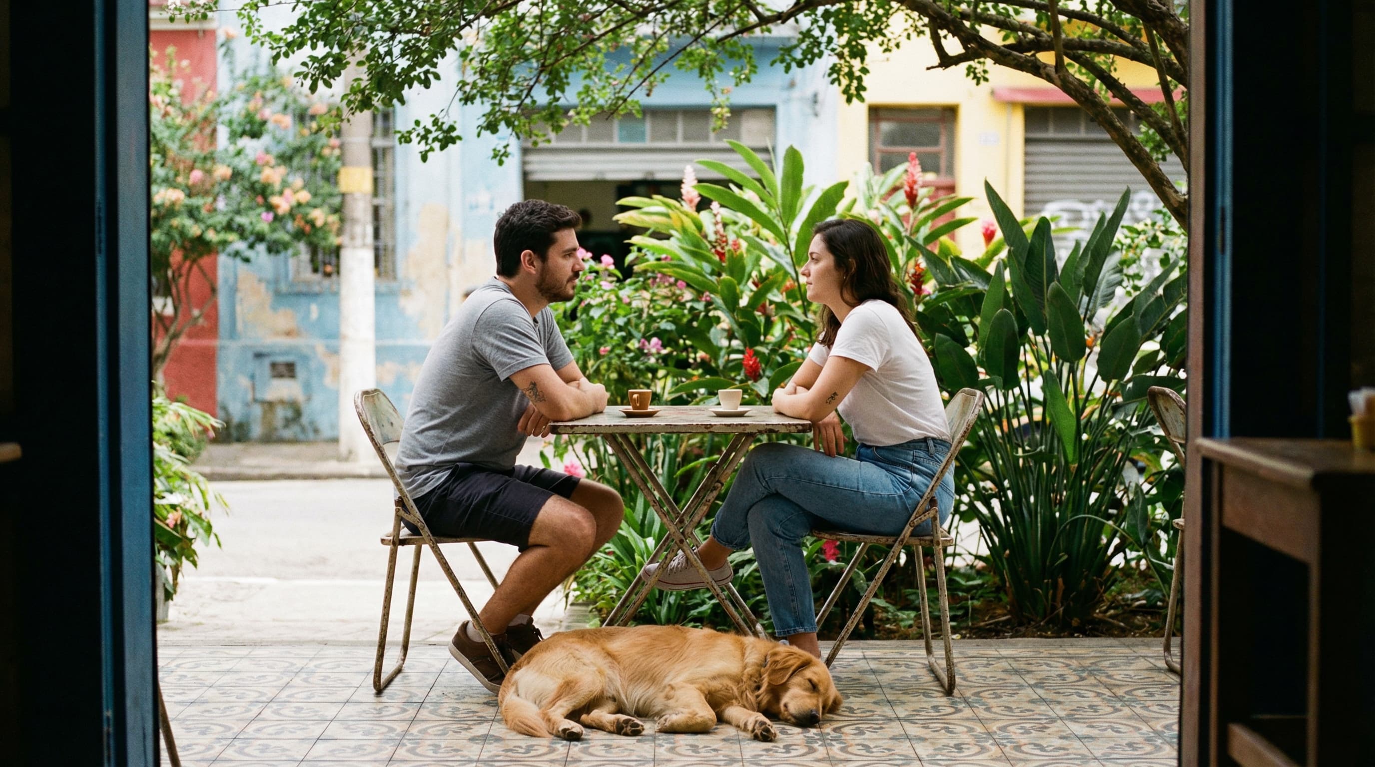 Couple at outdoor café in Brazilian neighborhood with dog relaxing on tile floor between their chairs