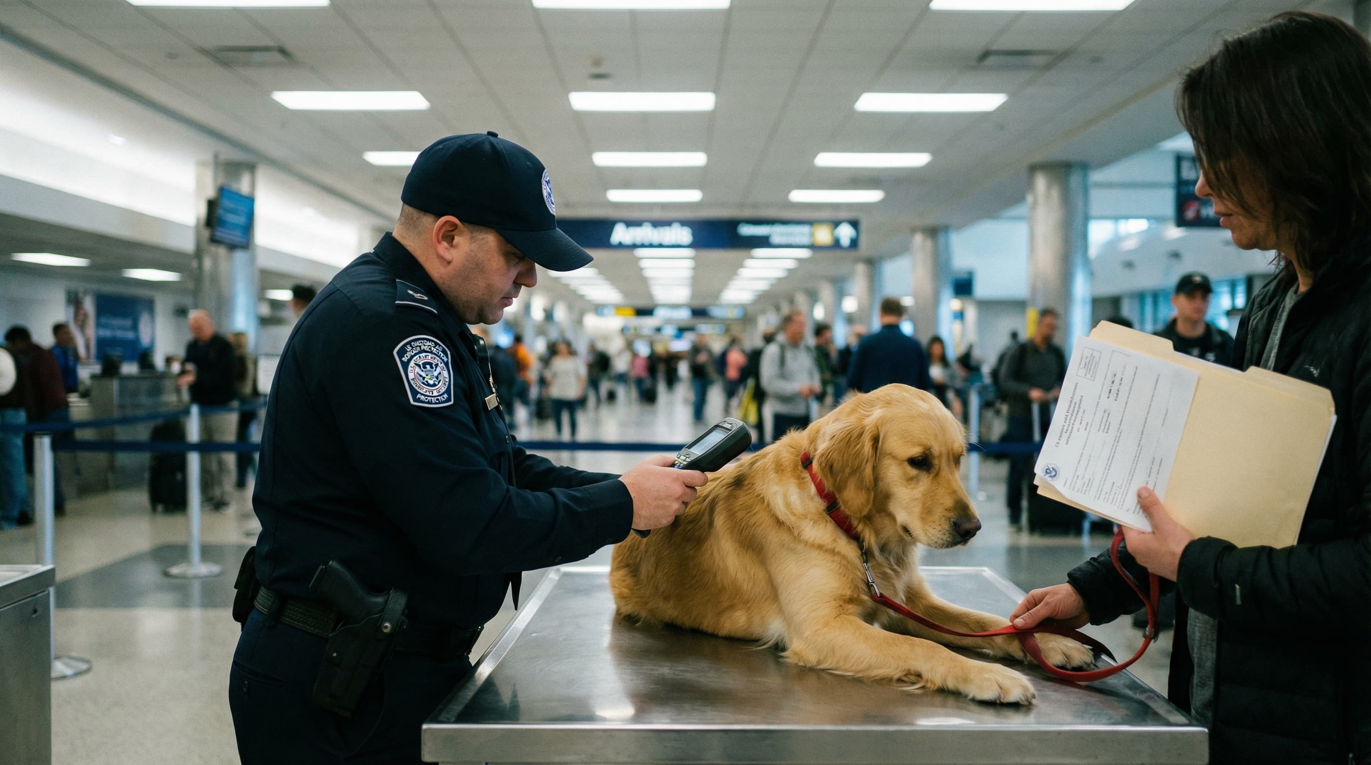 CBP officer scanning golden retriever's microchip at US airport arrivals inspection desk, owner holding travel documents