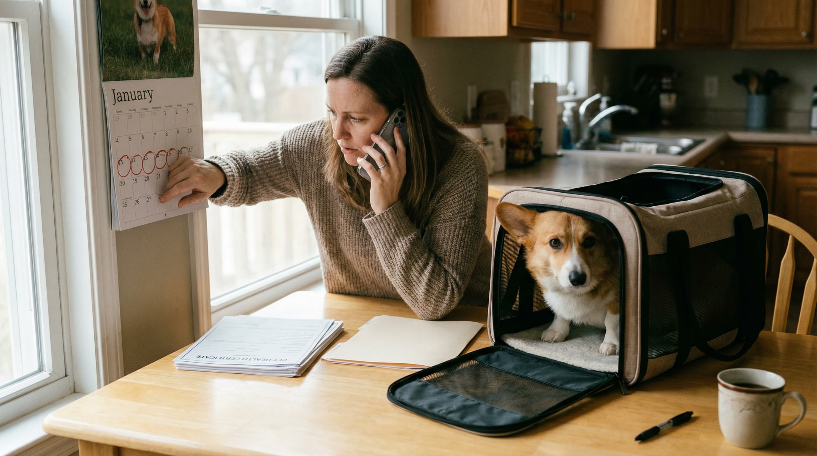 Traveler on phone at kitchen table with calendar open, dog sitting beside open travel carrier, health certificate forms spread out