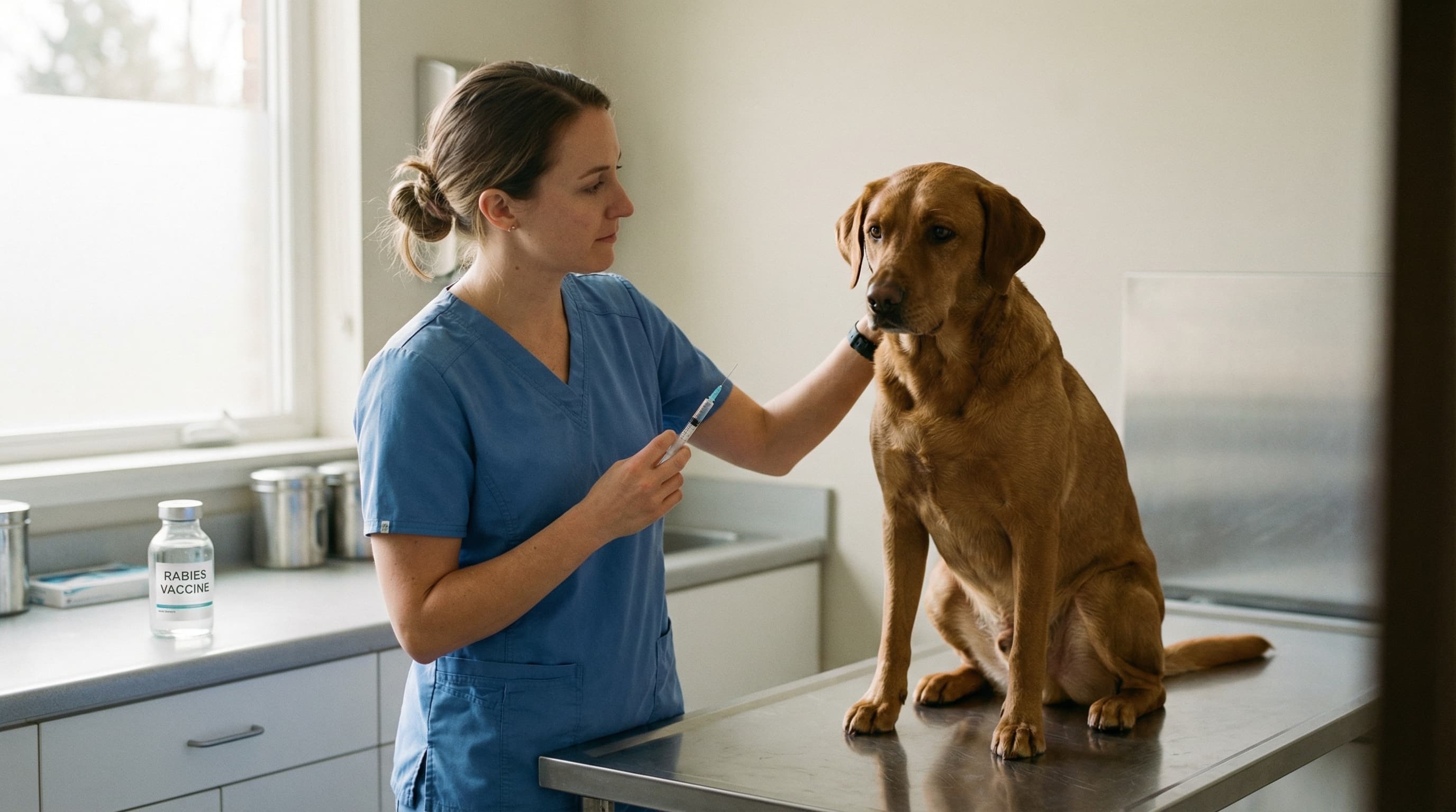 Veterinarian preparing rabies vaccine with Labrador mix on exam table, vaccination vial on counter