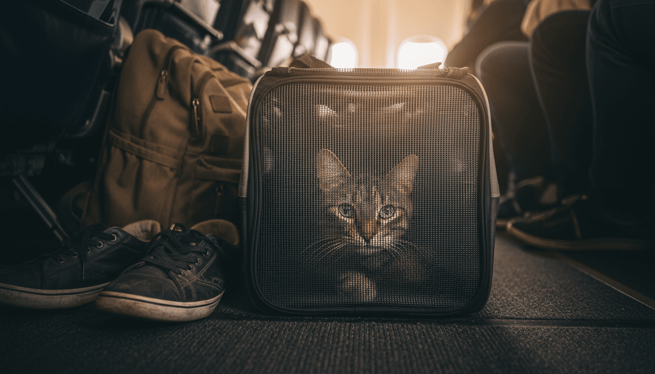 A cat peering through a mesh-sided carrier under an airplane seat