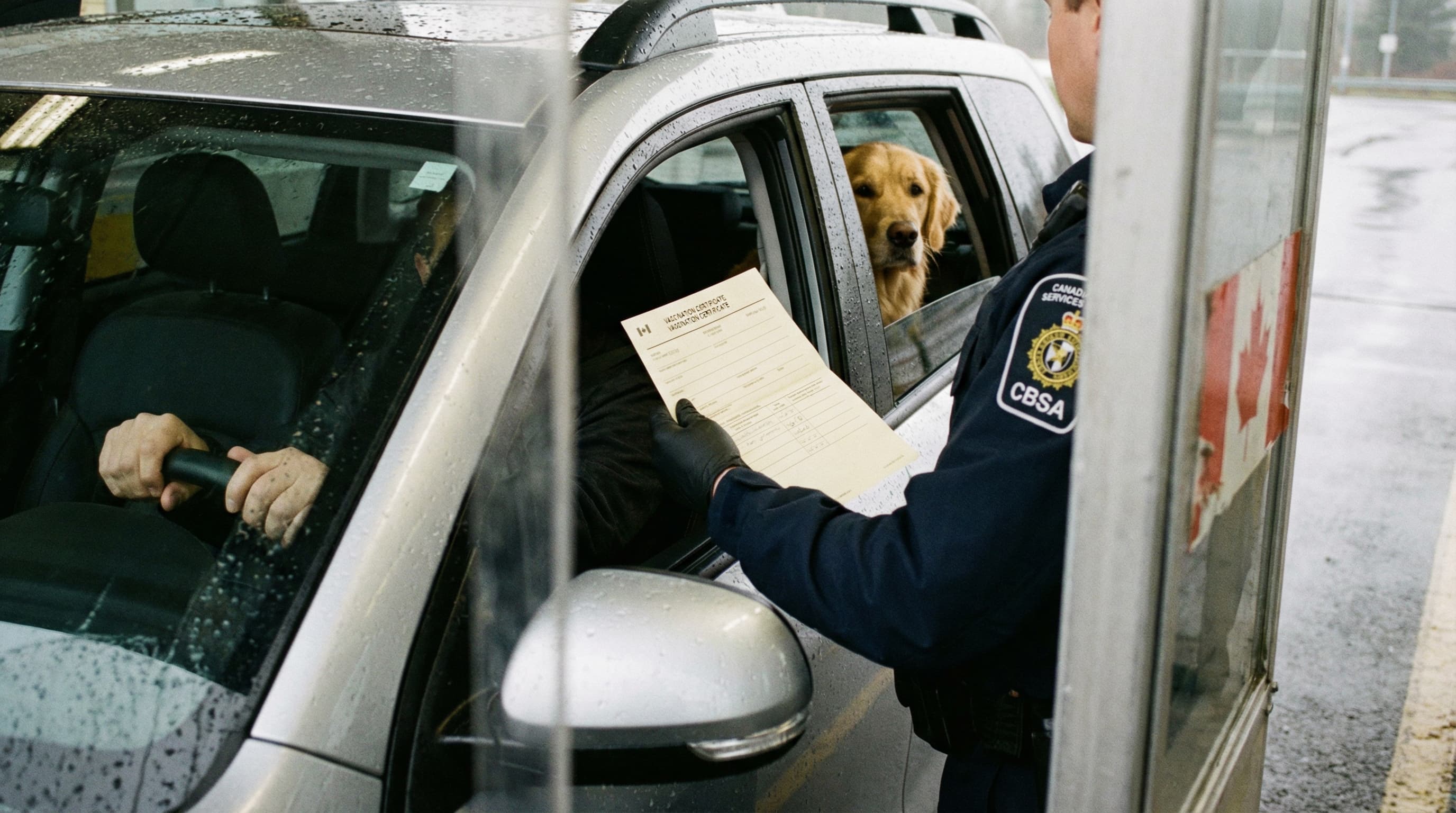 A CBSA officer at a land border crossing reviewing a pet's rabies certificate while a golden retriever waits calmly in the back seat