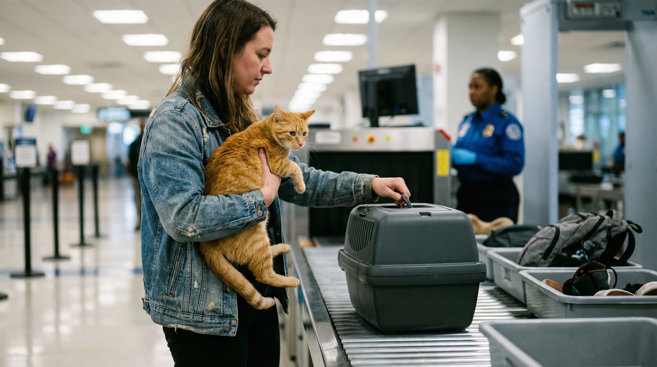 A traveler holding a small dog while loading a pet carrier onto the airport security X-ray belt