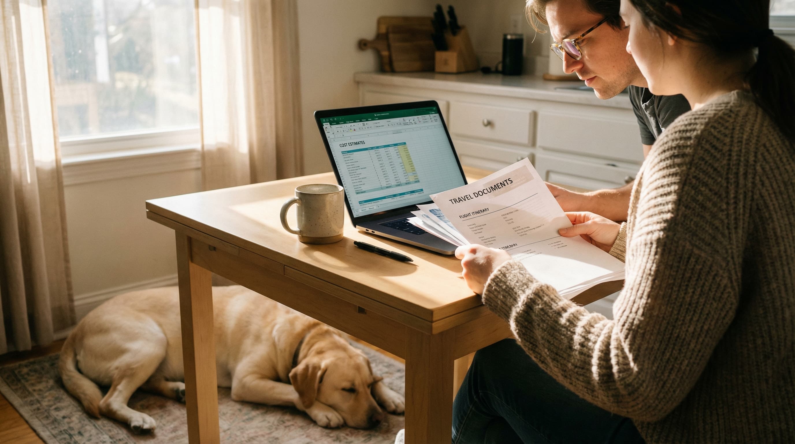 Family reviewing Canada pet travel costs and planning documents at a kitchen table with a Labrador resting nearby