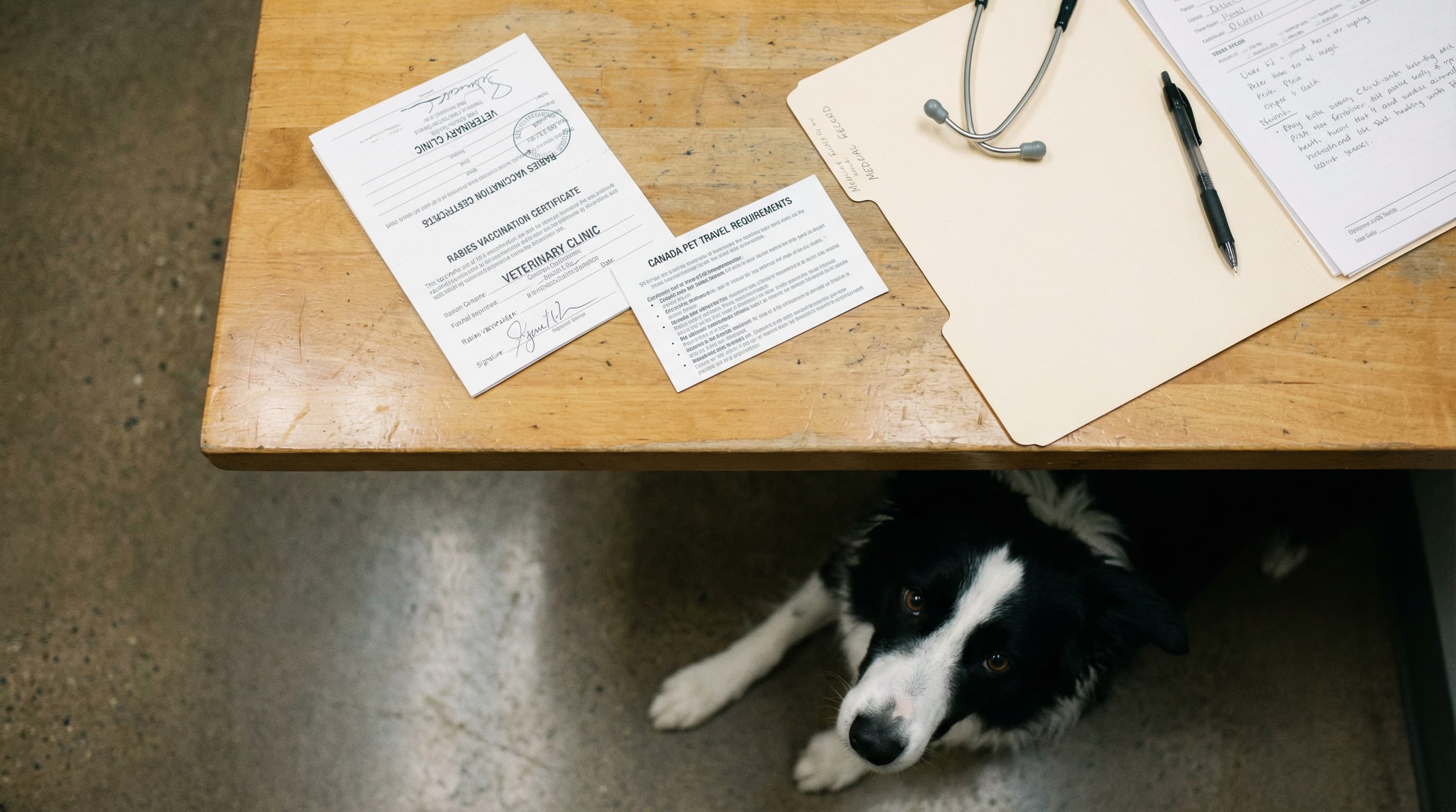 A veterinarian reviewing organized travel documents spread on an exam table with a border collie sitting calmly beside the table