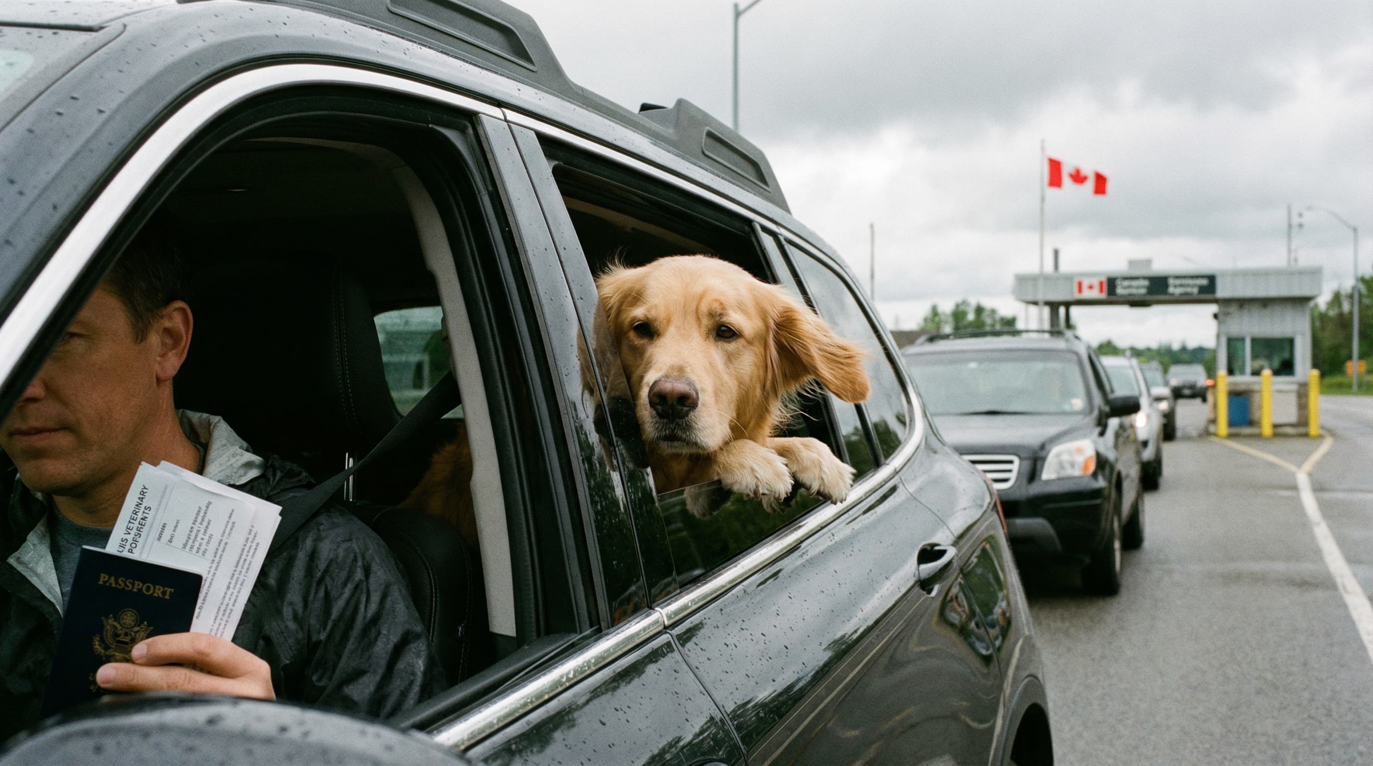Point of view from the driver's seat approaching a Canadian border crossing, dog visible in the rearview mirror
