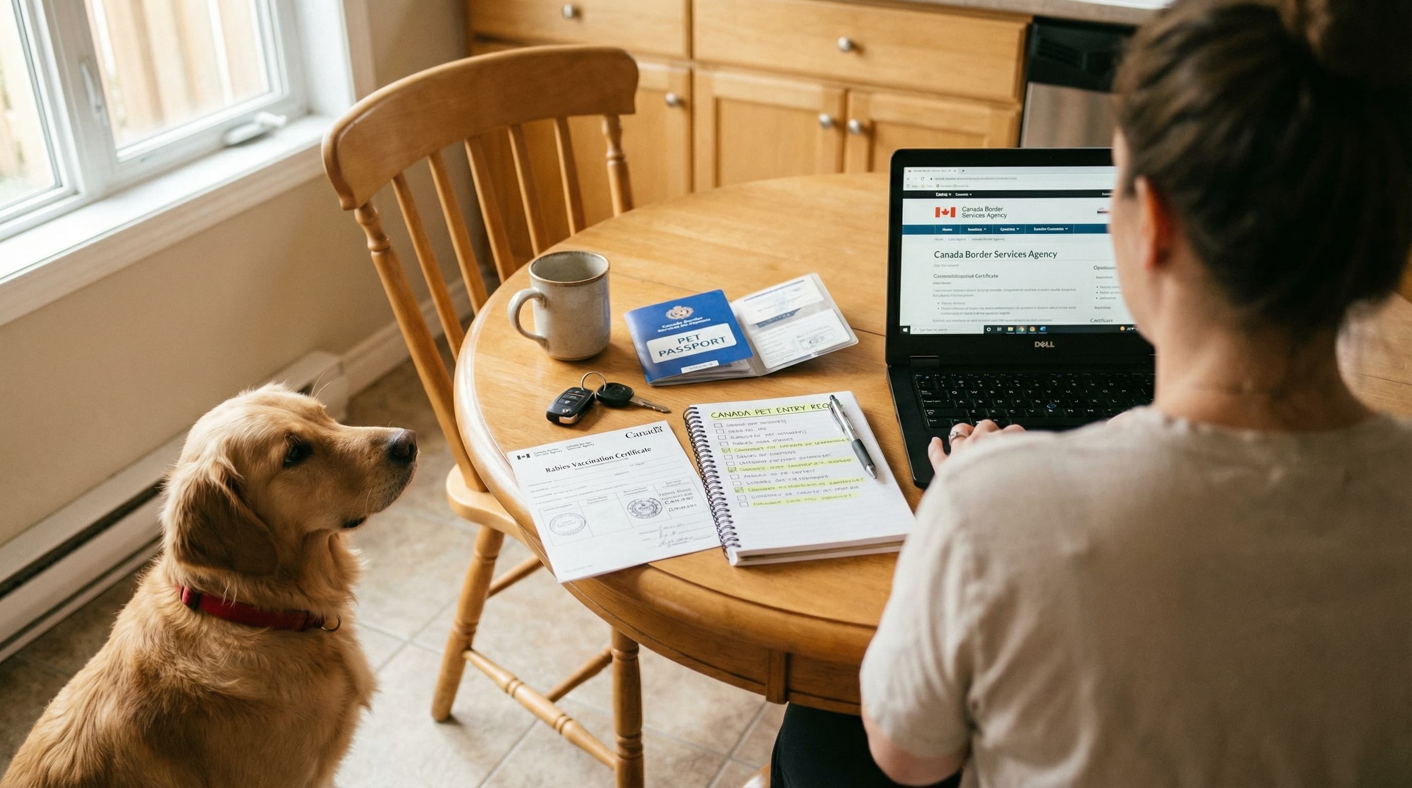 Traveler reviewing Canada pet travel paperwork at home with golden retriever ready for the trip