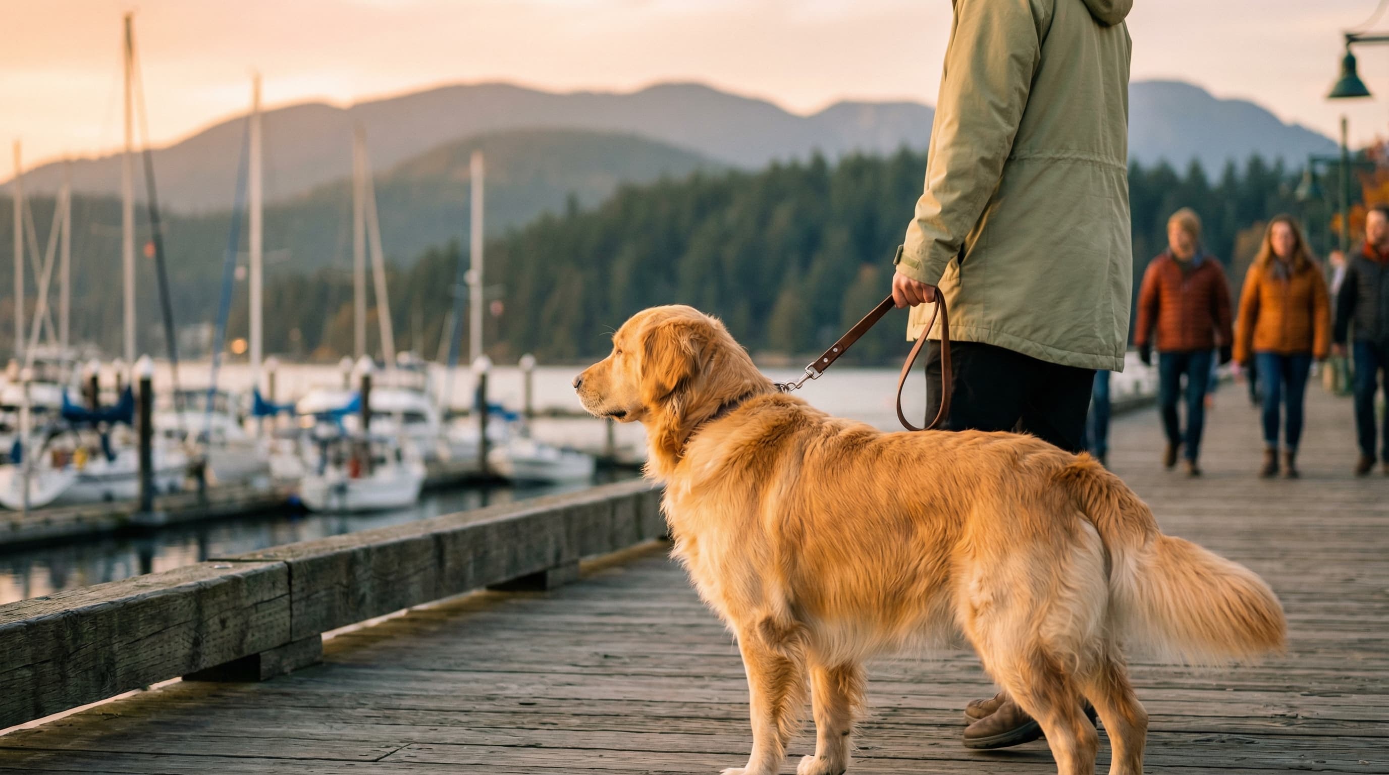 A golden retriever walking along a waterfront boardwalk in a Canadian harbor city, mountains and evergreens in the background