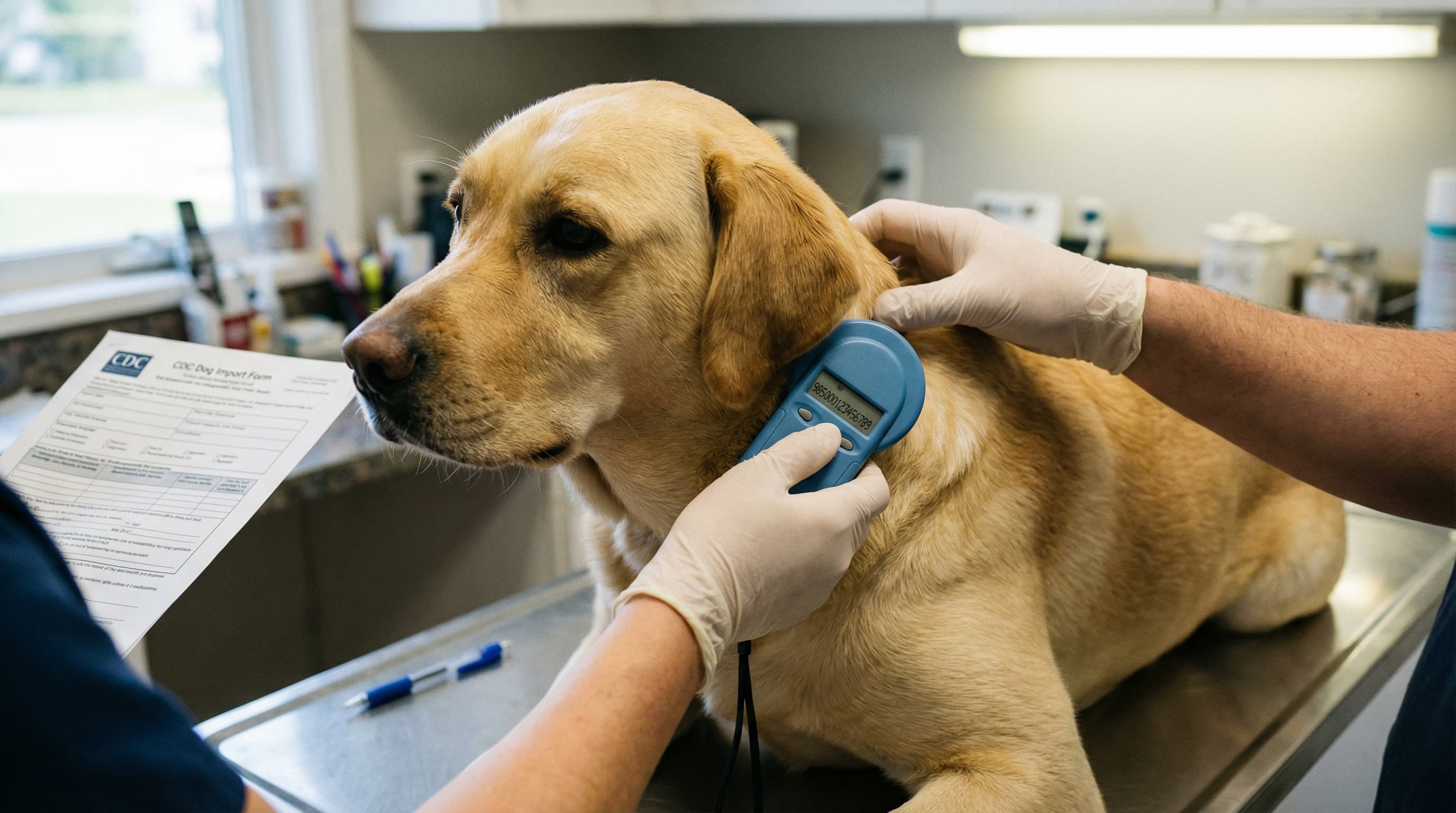 Veterinarian scanning a labrador's microchip with a CDC Dog Import Form on the counter