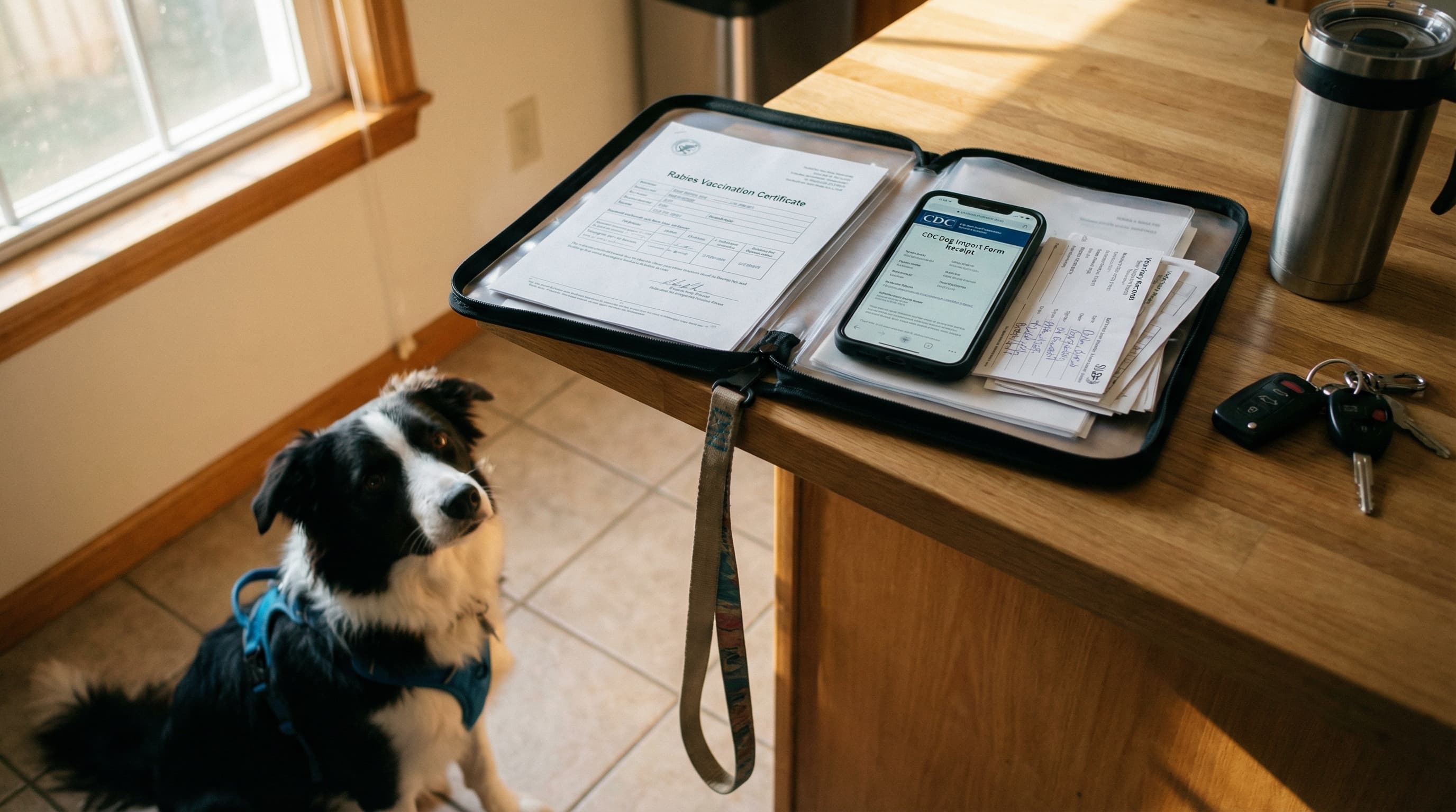 A border collie in a harness watching from the kitchen floor as travel documents and car keys are organized on the counter