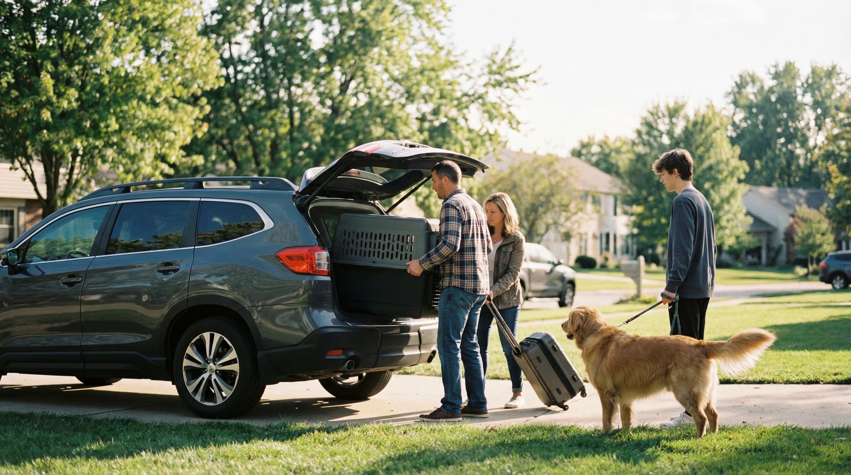 A family loading luggage and a dog crate into an SUV in a residential driveway, preparing for a road trip to Canada