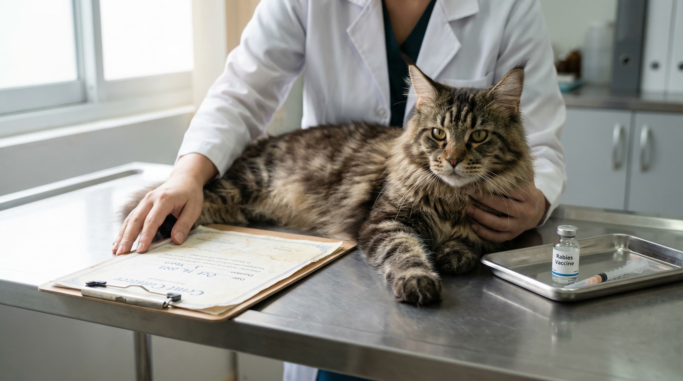A veterinarian reviewing a rabies vaccination certificate while examining a Maine Coon cat on an exam table